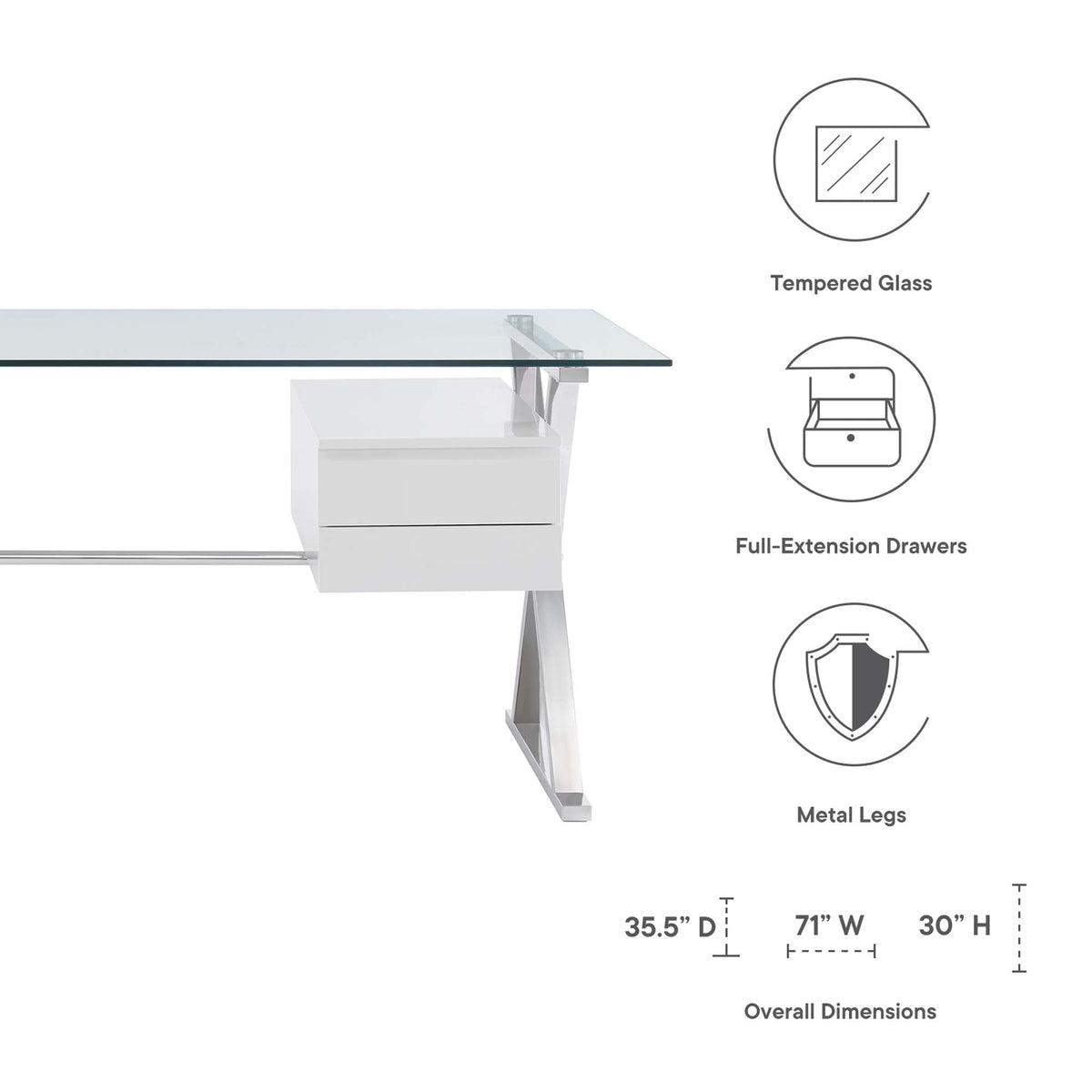 Sector White 71" Glass Top Glass Office Desk - Ornate Home