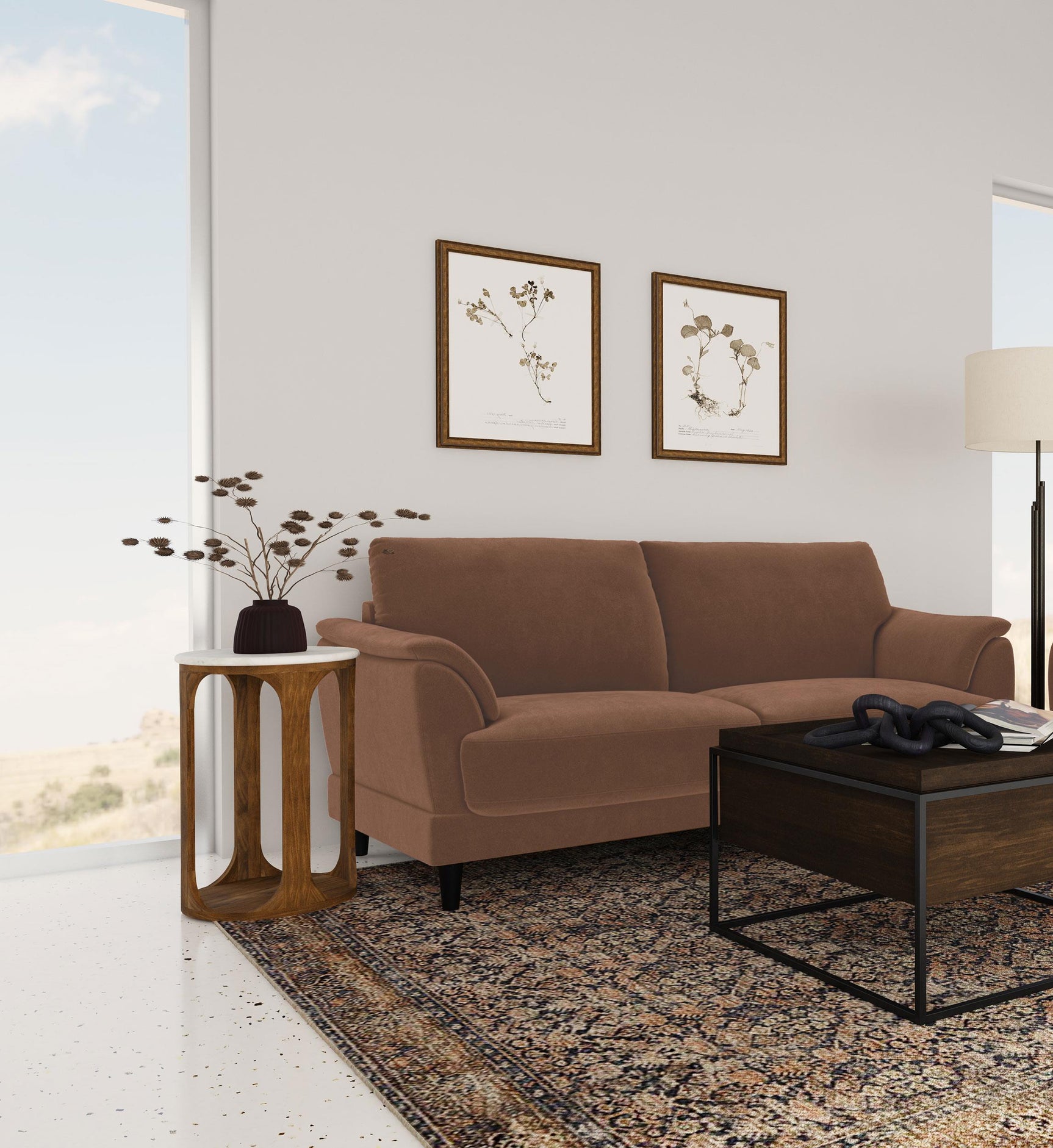 Selma Rust Velvet Upholstered Crescent Arm Sofa - Ornate Home