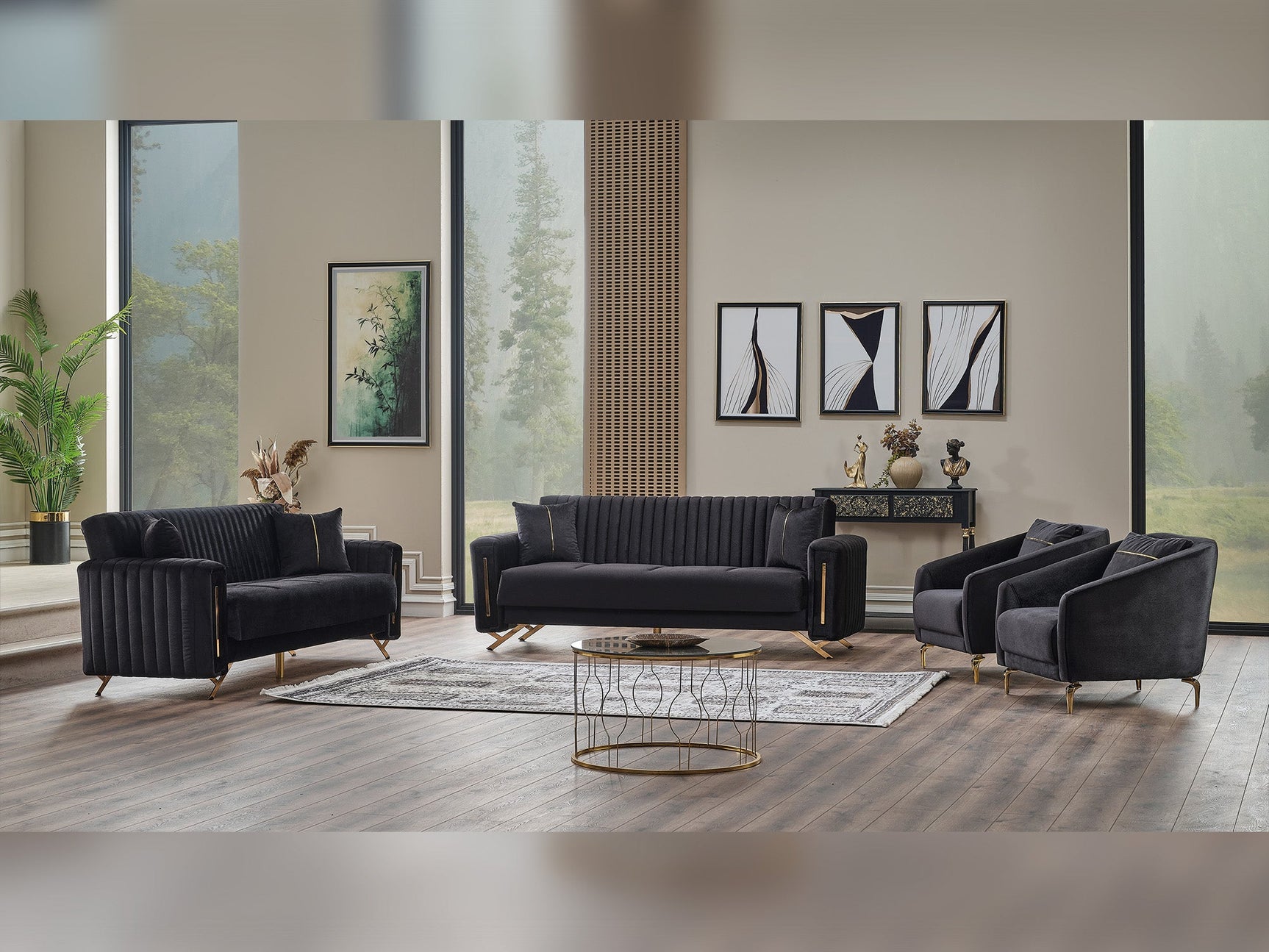 Senfoni Black 3-pieces (Sofa & Loveseat & Chair) Living Room Set