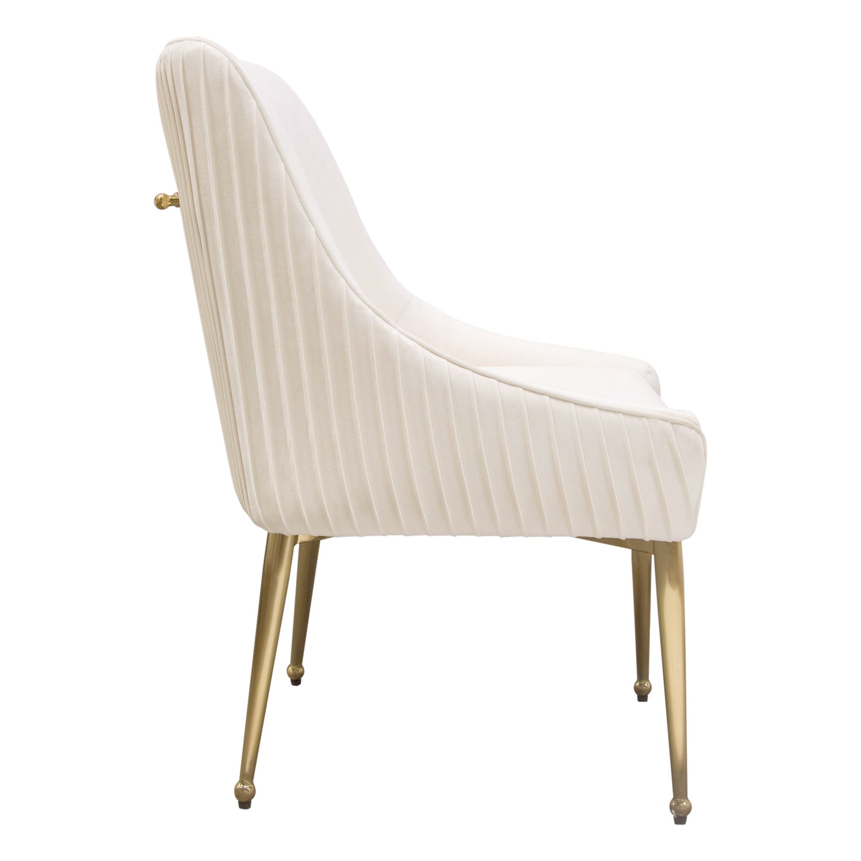 Set of (2) Quinn Dining Chairs w/ Vertical Outside Pleat Detail and Contoured Arm in Cream Velvet w/ Brushed Gold Metal Leg by Diamond Sofa - Ornate Home