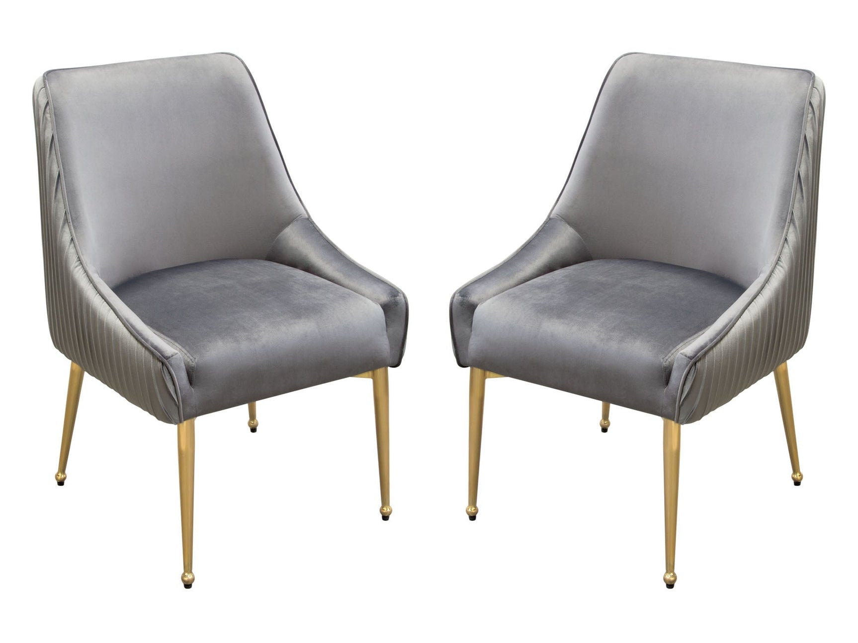 Set of (2) Quinn Dining Chairs w/ Vertical Outside Pleat Detail and Contoured Arm in Grey Velvet w/ Brushed Gold Metal Leg by Diamond Sofa - Ornate Home
