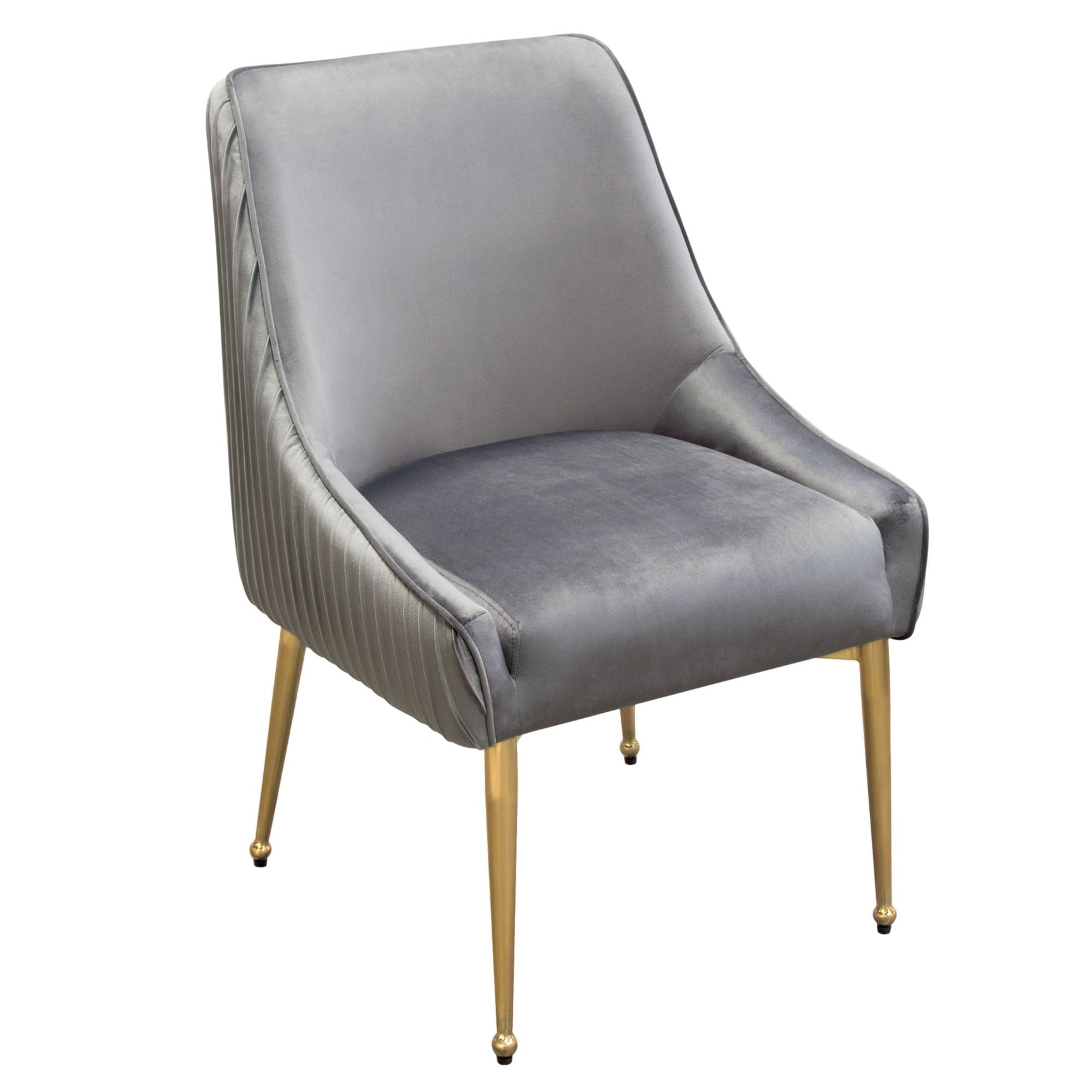 Set of (2) Quinn Dining Chairs w/ Vertical Outside Pleat Detail and Contoured Arm in Grey Velvet w/ Brushed Gold Metal Leg by Diamond Sofa - Ornate Home