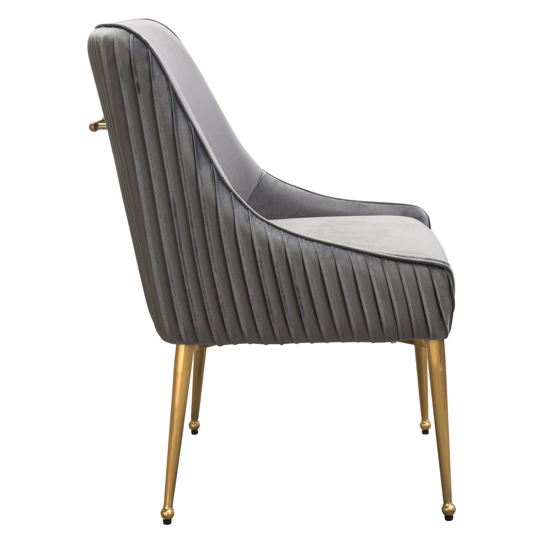 Set of (2) Quinn Dining Chairs w/ Vertical Outside Pleat Detail and Contoured Arm in Grey Velvet w/ Brushed Gold Metal Leg by Diamond Sofa - Ornate Home