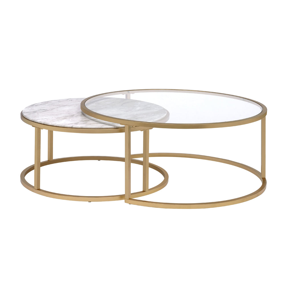 Shanish Nesting Table Set (2Pc) Faux Marble/Glass & Gold - Ornate Home