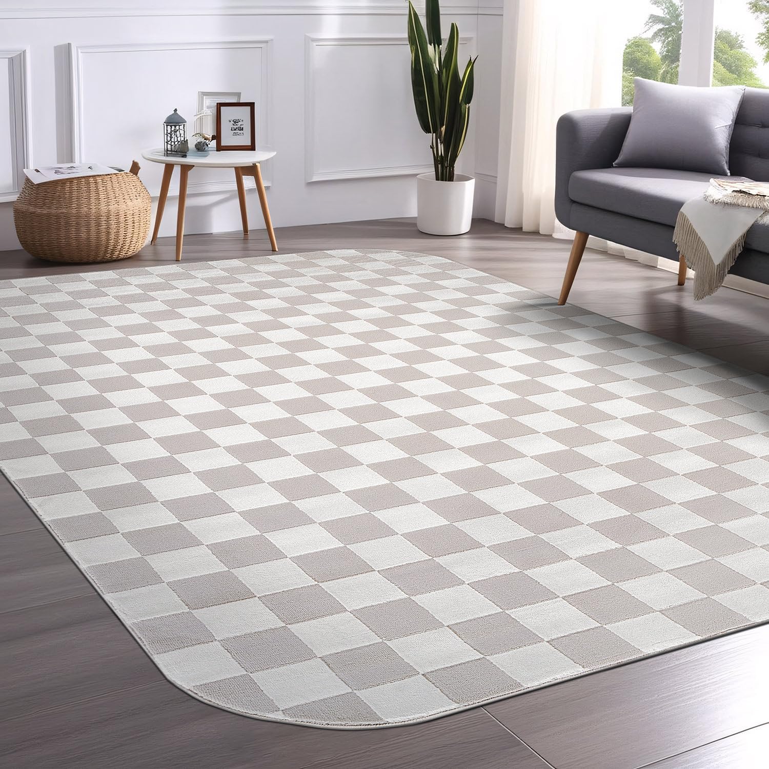 Shape Beige White Abstract Checkered Soft Stain Resistant Non Shedding Area Rugs - Ornate Home