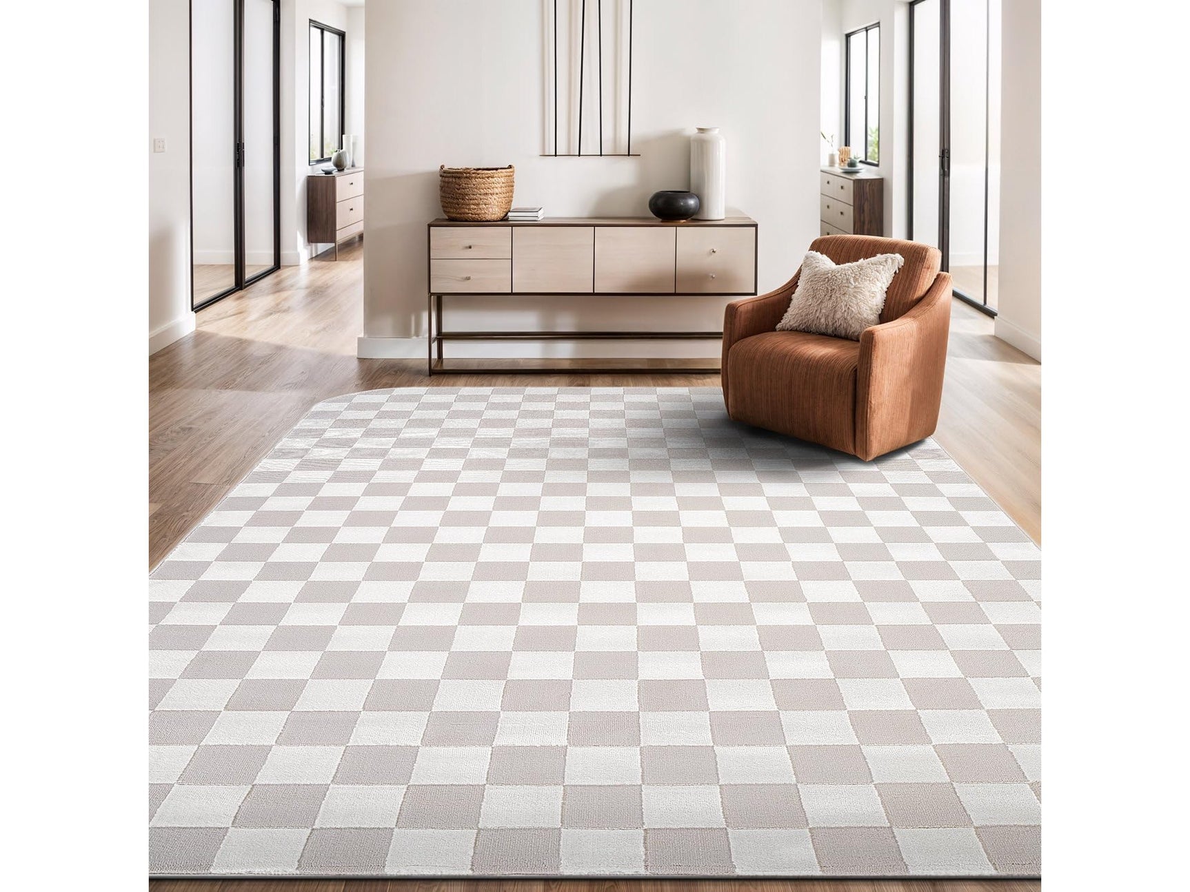 Shape Beige White Abstract Checkered Soft Stain Resistant Non Shedding Area Rugs - Ornate Home