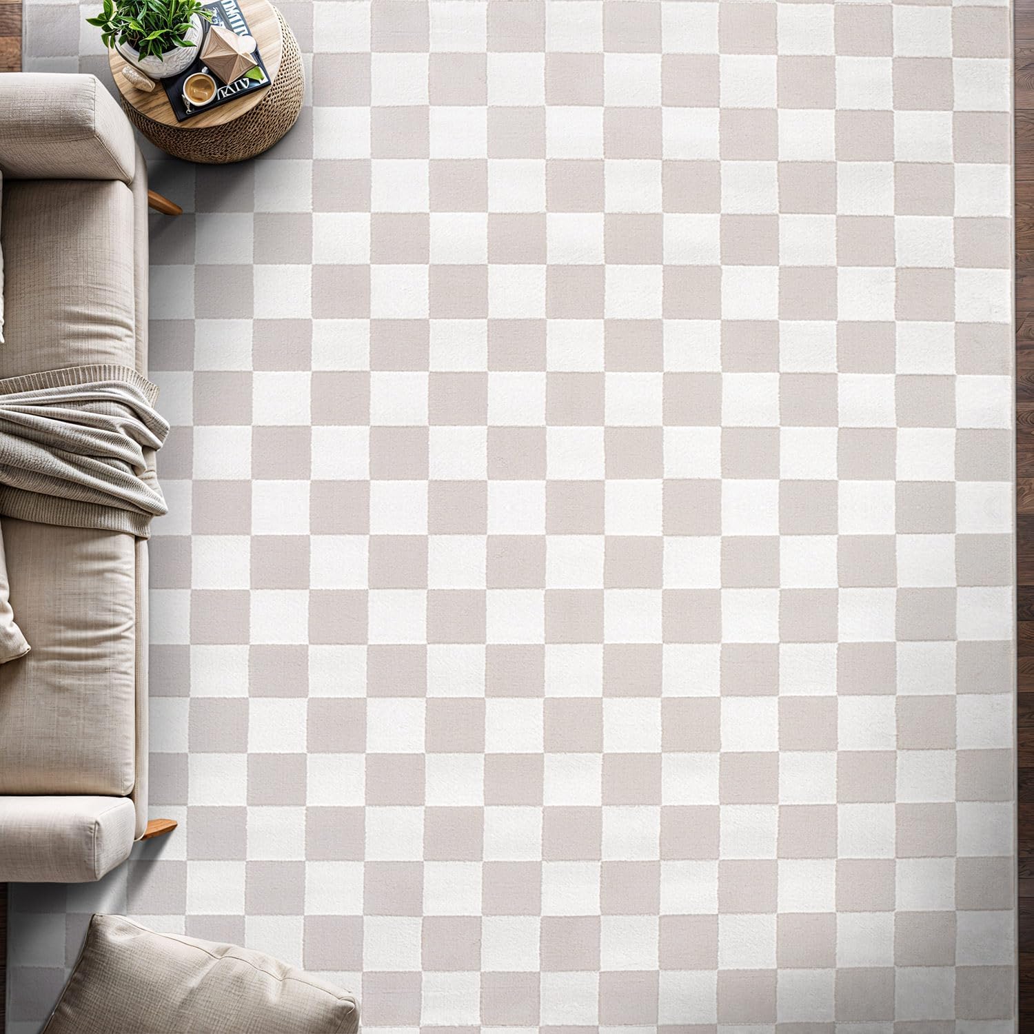 Shape Beige White Abstract Checkered Soft Stain Resistant Non Shedding Area Rugs - Ornate Home