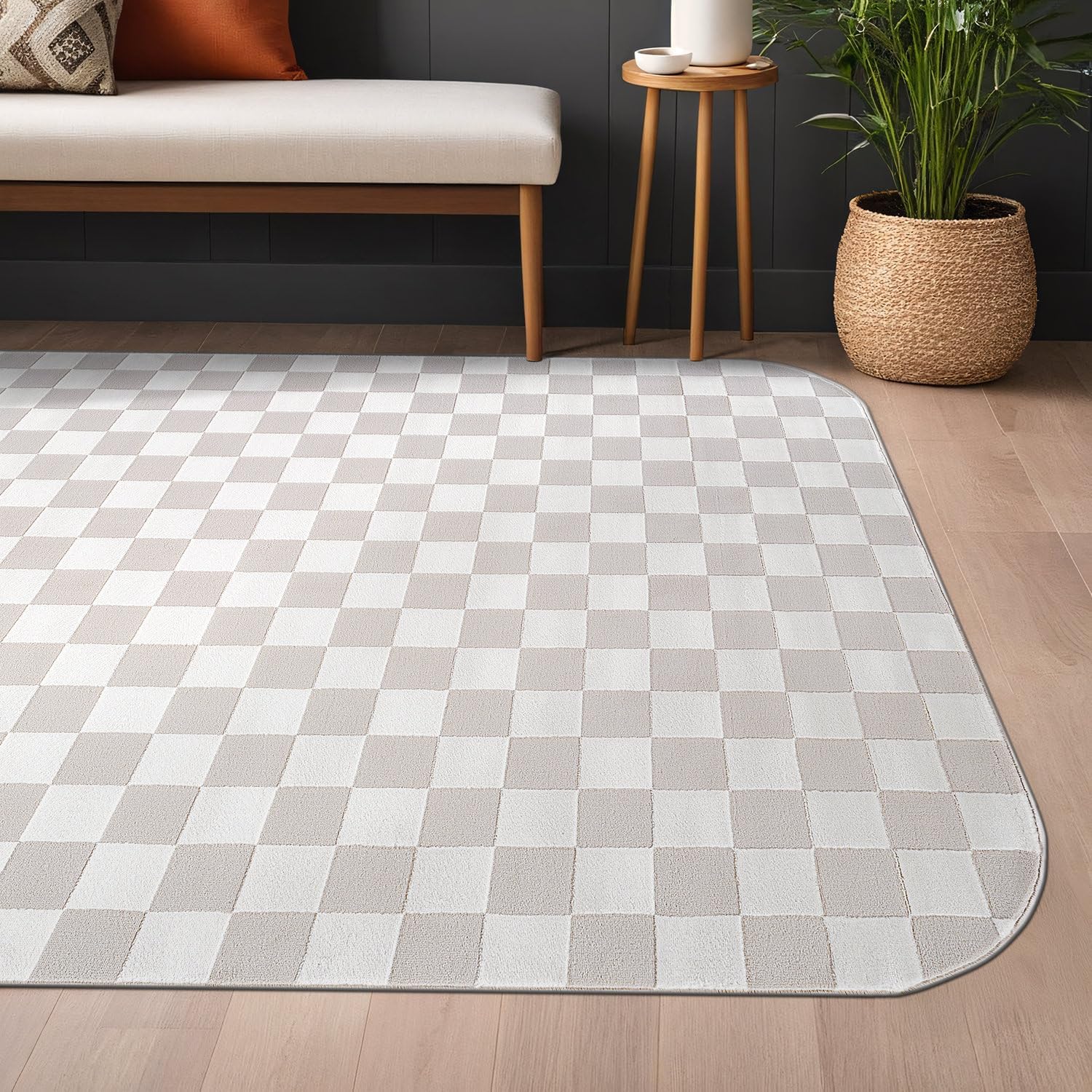Shape Beige White Abstract Checkered Soft Stain Resistant Non Shedding Area Rugs - Ornate Home