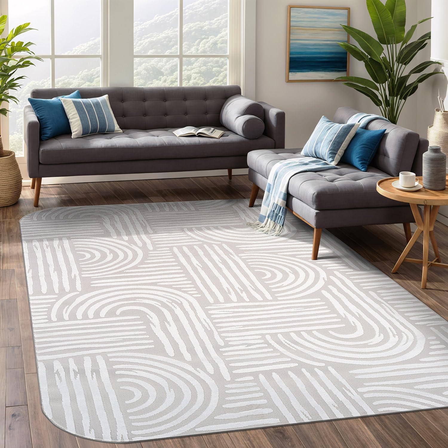 Shape Beige White Abstract Curved Soft Stain Resistant Non Shedding Area Rugs - Ornate Home