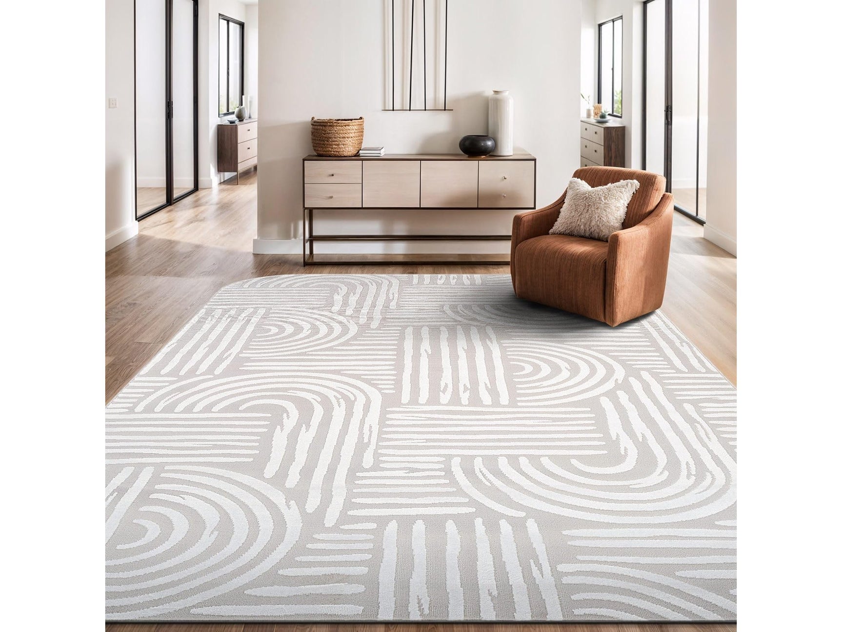 Shape Beige White Abstract Curved Soft Stain Resistant Non Shedding Area Rugs - Ornate Home