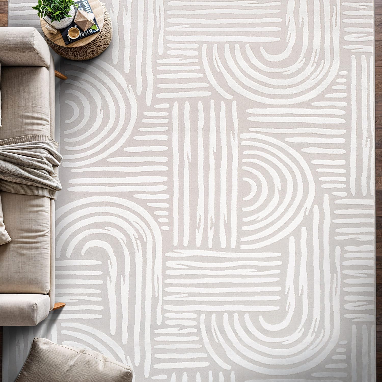 Shape Beige White Abstract Curved Soft Stain Resistant Non Shedding Area Rugs - Ornate Home