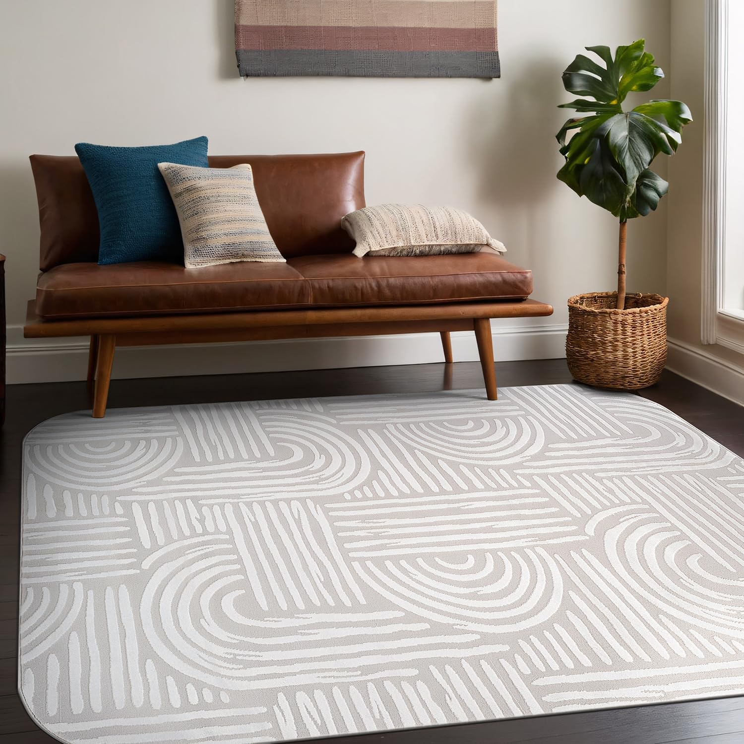 Shape Beige White Abstract Curved Soft Stain Resistant Non Shedding Area Rugs - Ornate Home