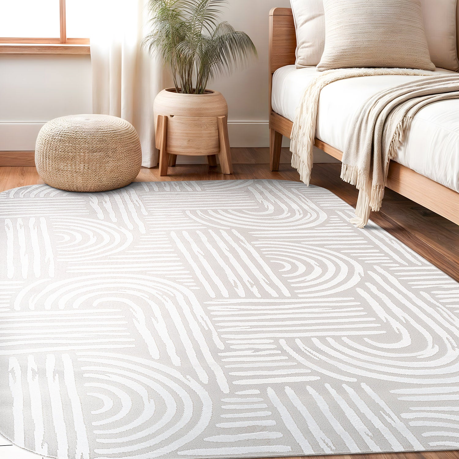 Shape Beige White Abstract Curved Soft Stain Resistant Non Shedding Area Rugs - Ornate Home