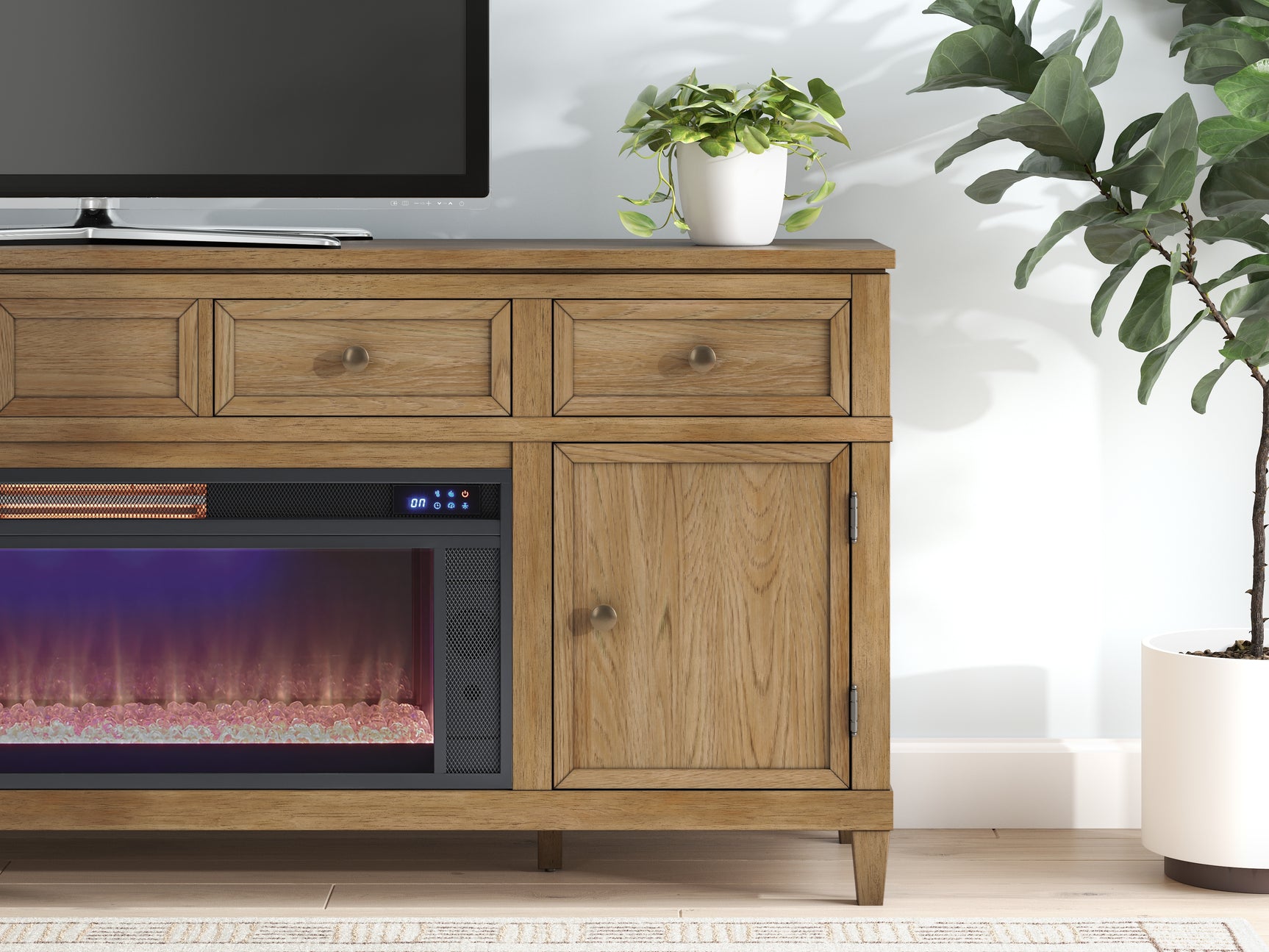 Sharlance Light Brown 81" TV Stand with Electric Fireplace (Crystal flame bed) - Ornate Home
