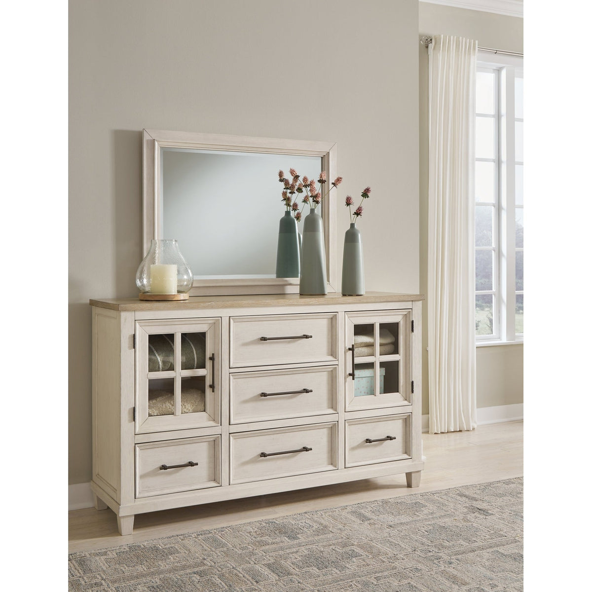 Ashley Furniture Shaybrock Antique White/Brown Dresser and Mirror (Online Special Price)