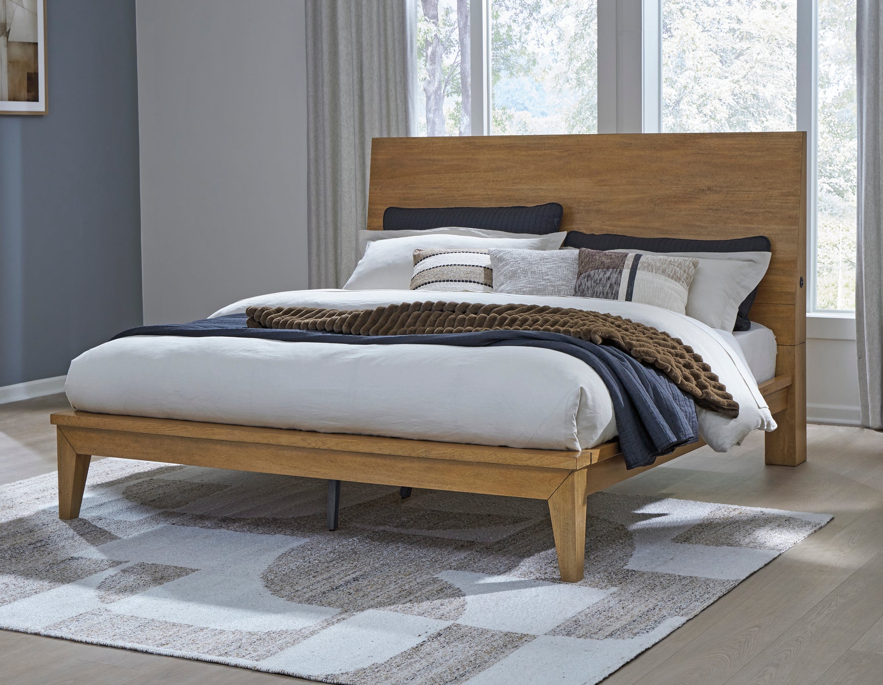 Sherbana Light Brown Queen Panel Bed with Mirrored Dresser and Nightstand - Ornate Home