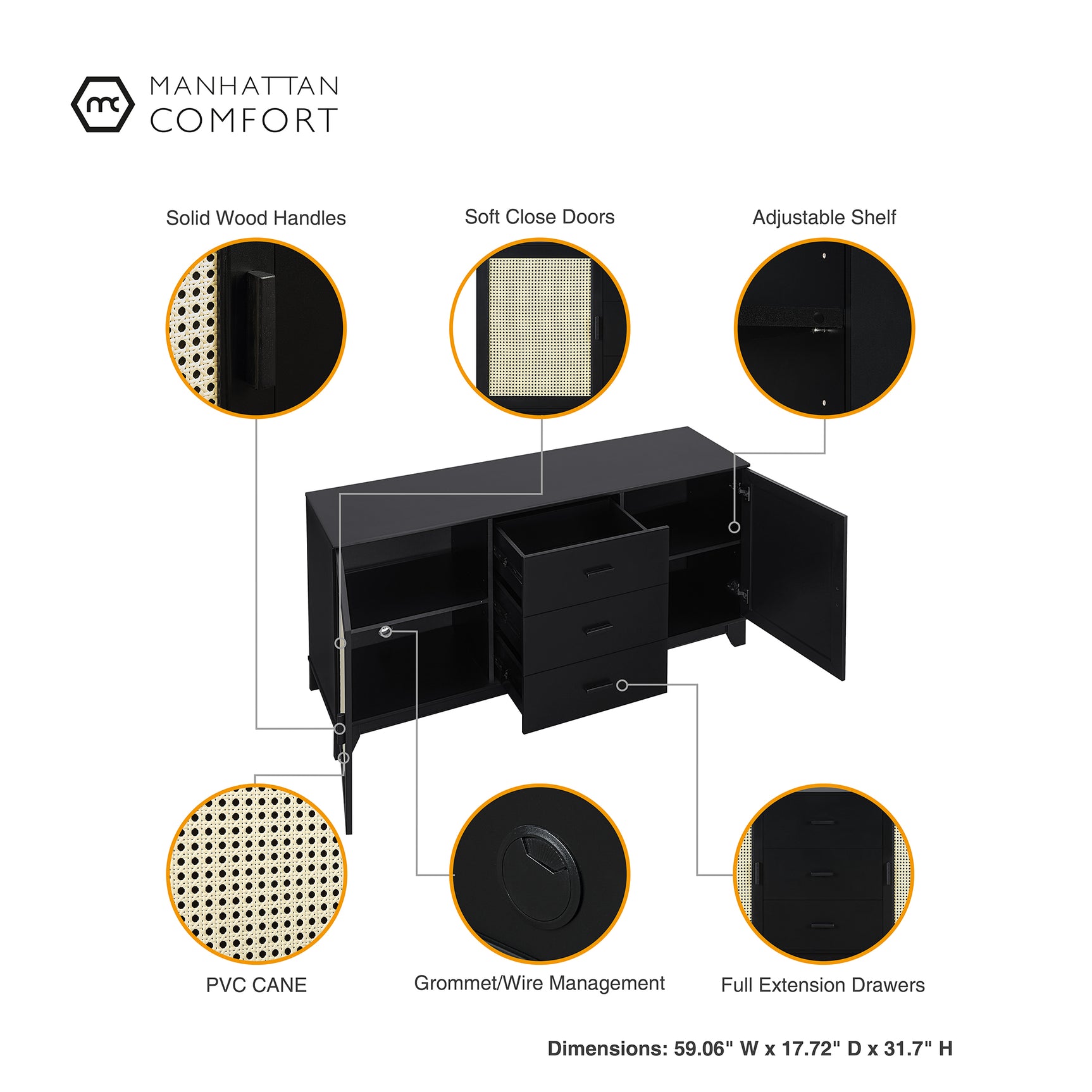 Sheridan 4-Piece Set: Bookcase, TV Stand, Sideboard, End Table in Black - Ornate Home