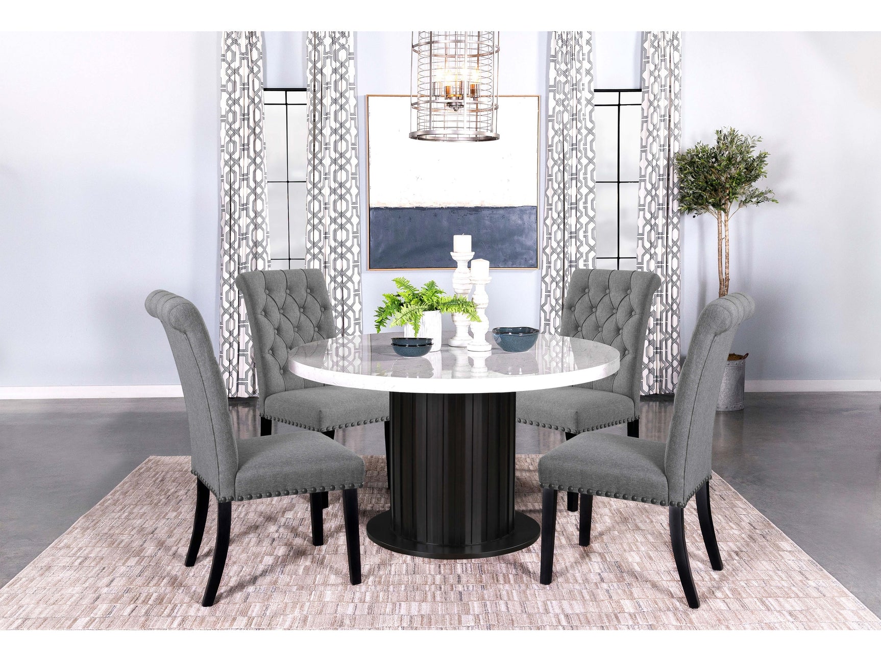 Sherry Rustic Espresso/Grey 5-piece Round Marble Top Dining Table Set - Ornate Home