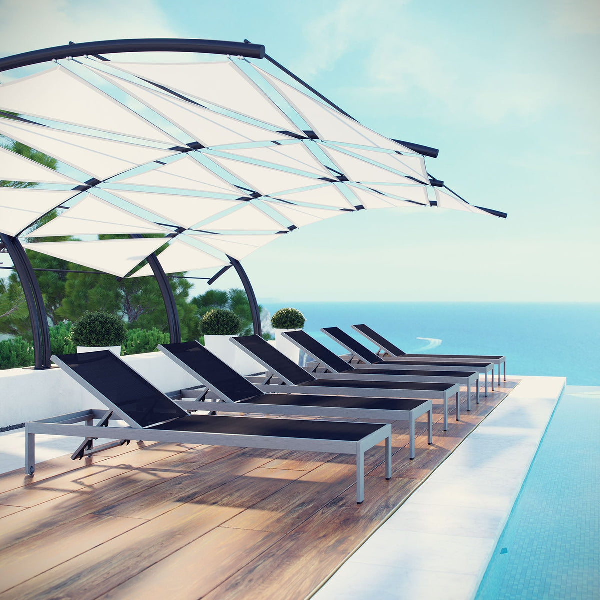 Shore Silver/Black Outdoor Patio Aluminum Chaise (Set of 6) - Ornate Home