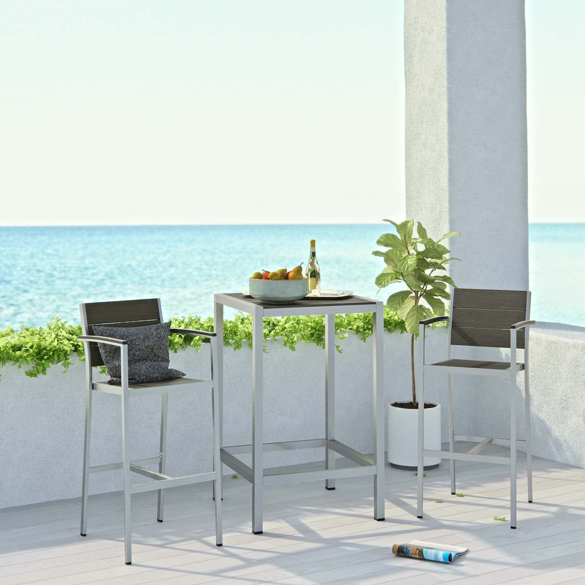 Shore Silver/Gray 3 Piece Outdoor Patio Aluminum Pub Set - 27.5x67.5" - Ornate Home