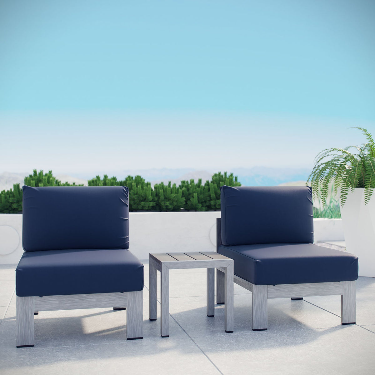 Shore Silver/Navy 3 Piece Outdoor Patio Aluminum Sectional Sofa Set - Ornate Home