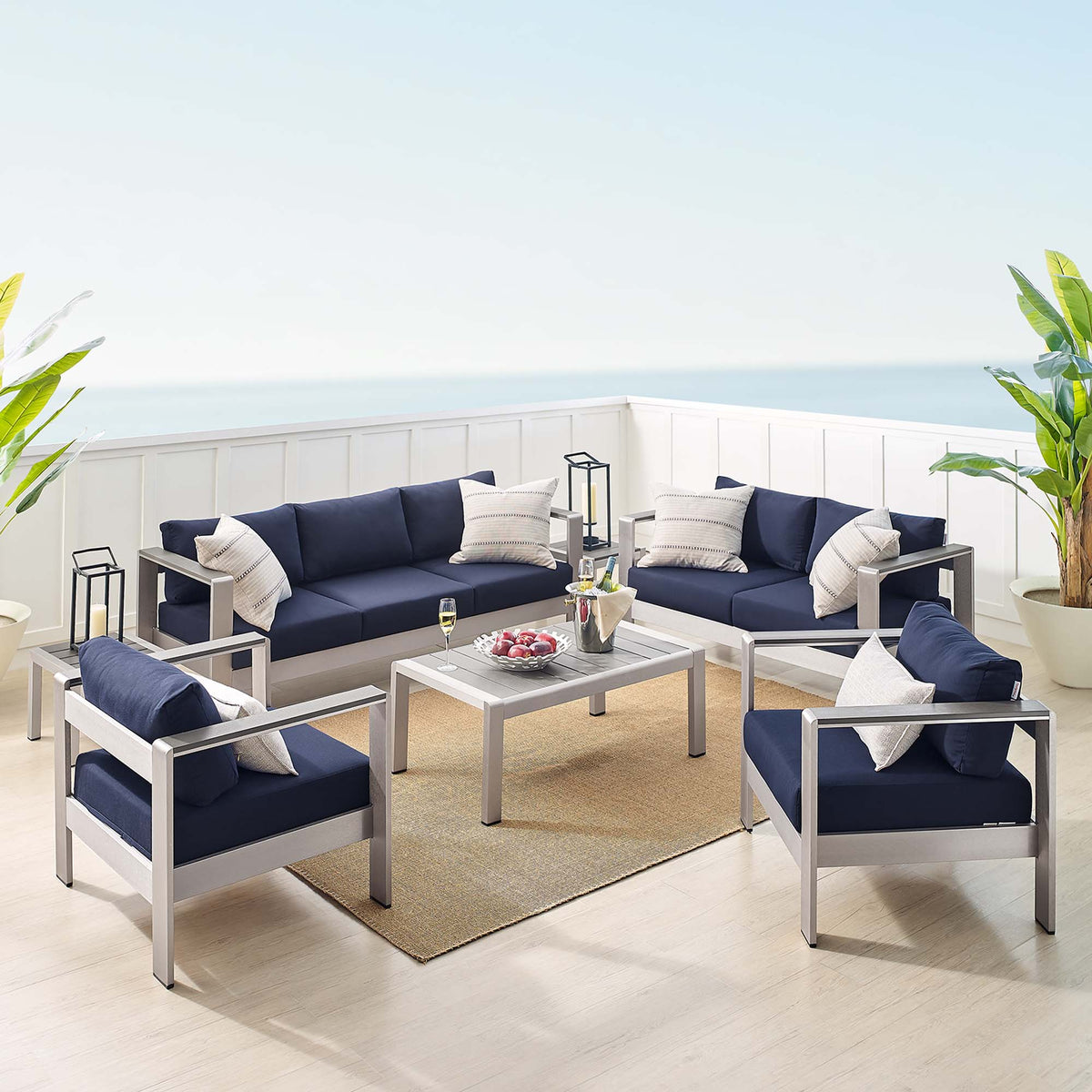Shore Silver/Navy 7 Piece Sunbrella Fabric Outdoor Patio Aluminum Set - Ornate Home