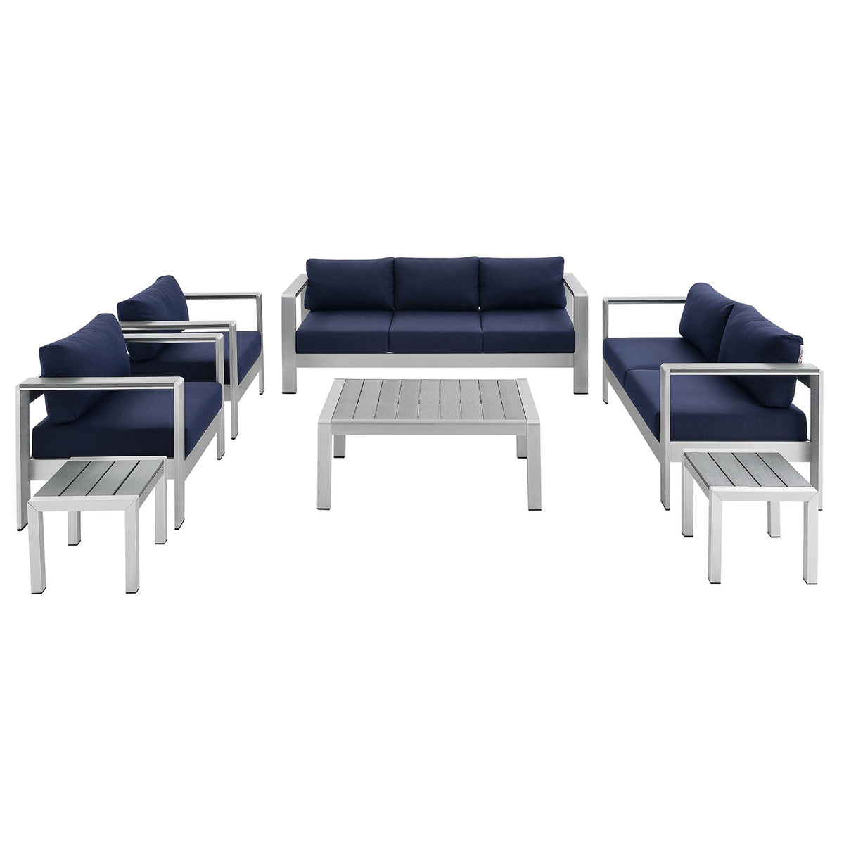 Shore Silver/Navy 7 Piece Sunbrella Fabric Outdoor Patio Aluminum Set - Ornate Home