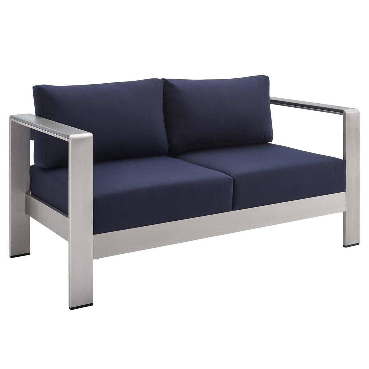 Shore Silver/Navy Sunbrella Fabric Aluminum Outdoor Patio Loveseat - Ornate Home