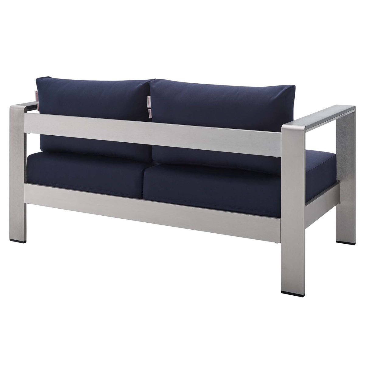 Shore Silver/Navy Sunbrella Fabric Aluminum Outdoor Patio Loveseat - Ornate Home