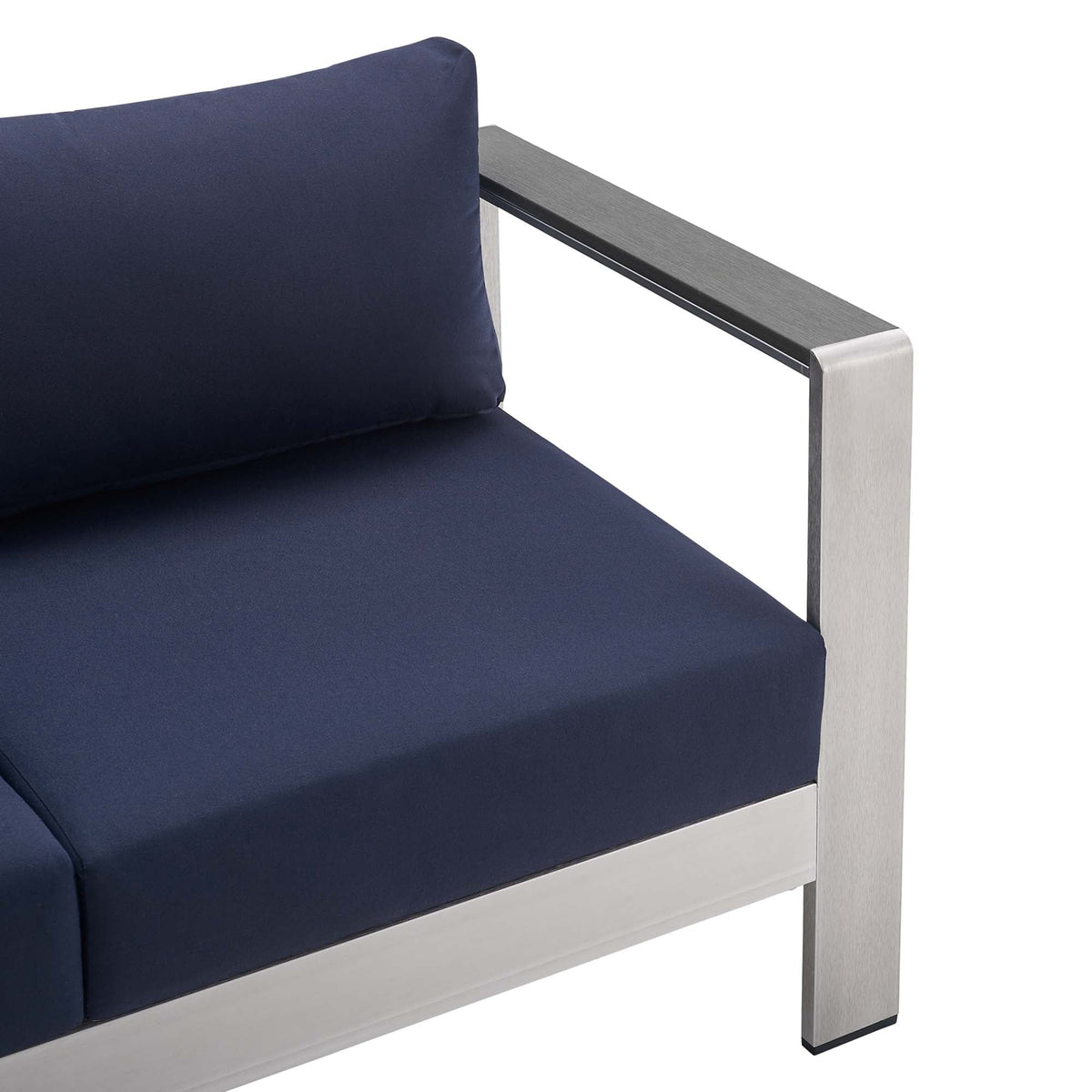 Shore Silver/Navy Sunbrella Fabric Aluminum Outdoor Patio Loveseat - Ornate Home