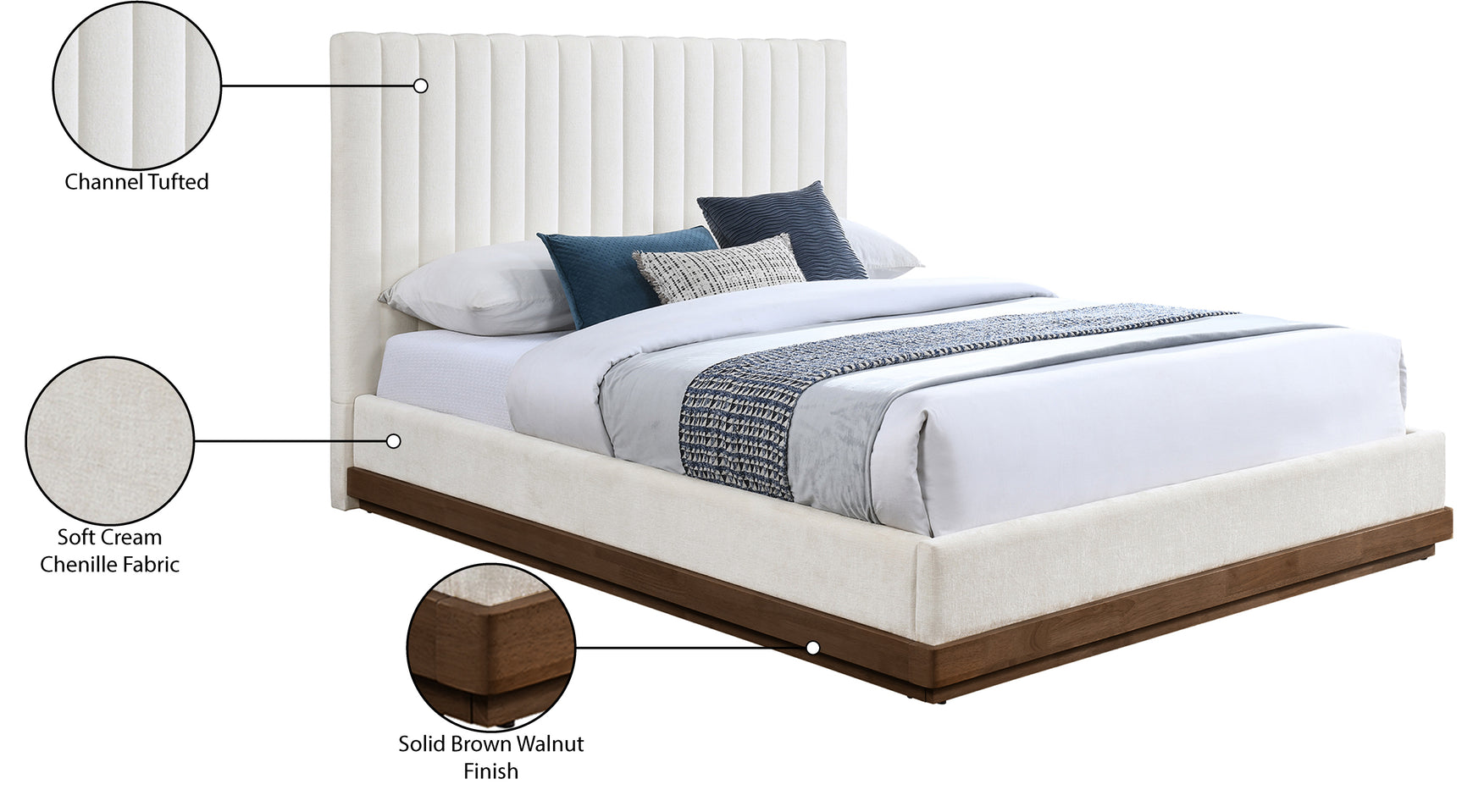 Shoreline Cream Fabric Upholstered Brown Walnut Queen Bed (3 Boxes) - Ornate Home