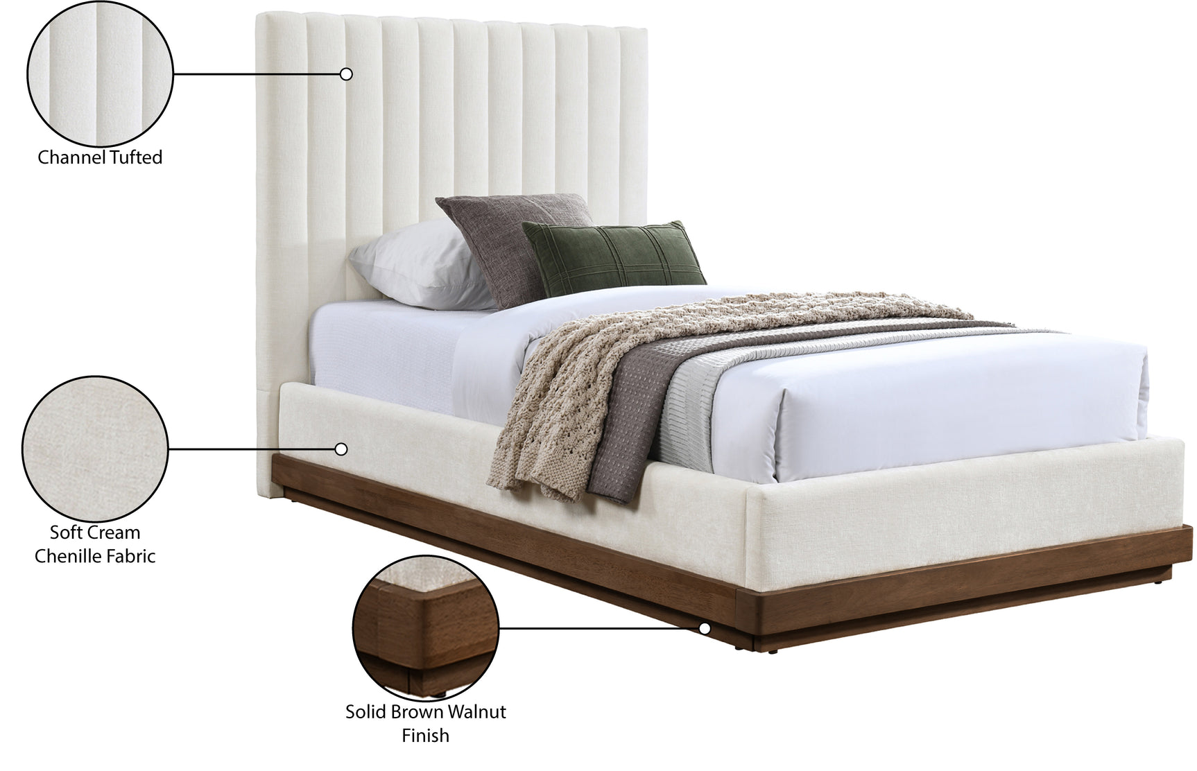 Shoreline Cream Fabric Upholstered Twin Bed (3 Boxes) - Ornate Home