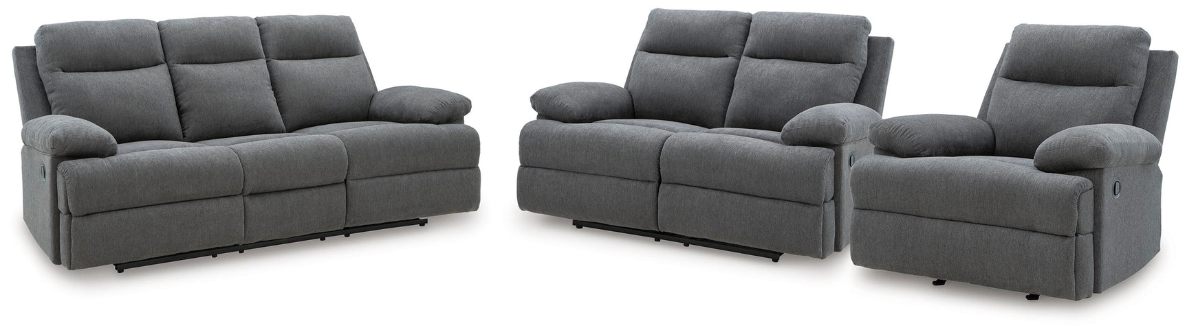 Side-Swipe Charcoal Reclining Sofa, Loveseat and Recliner - Ornate Home