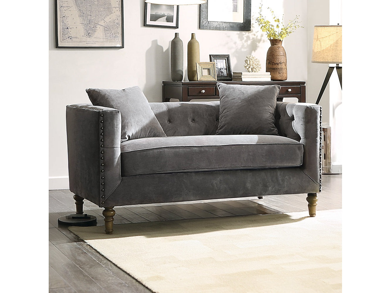 Sidonia Loveseat in Gray Velvet - Ornate Home