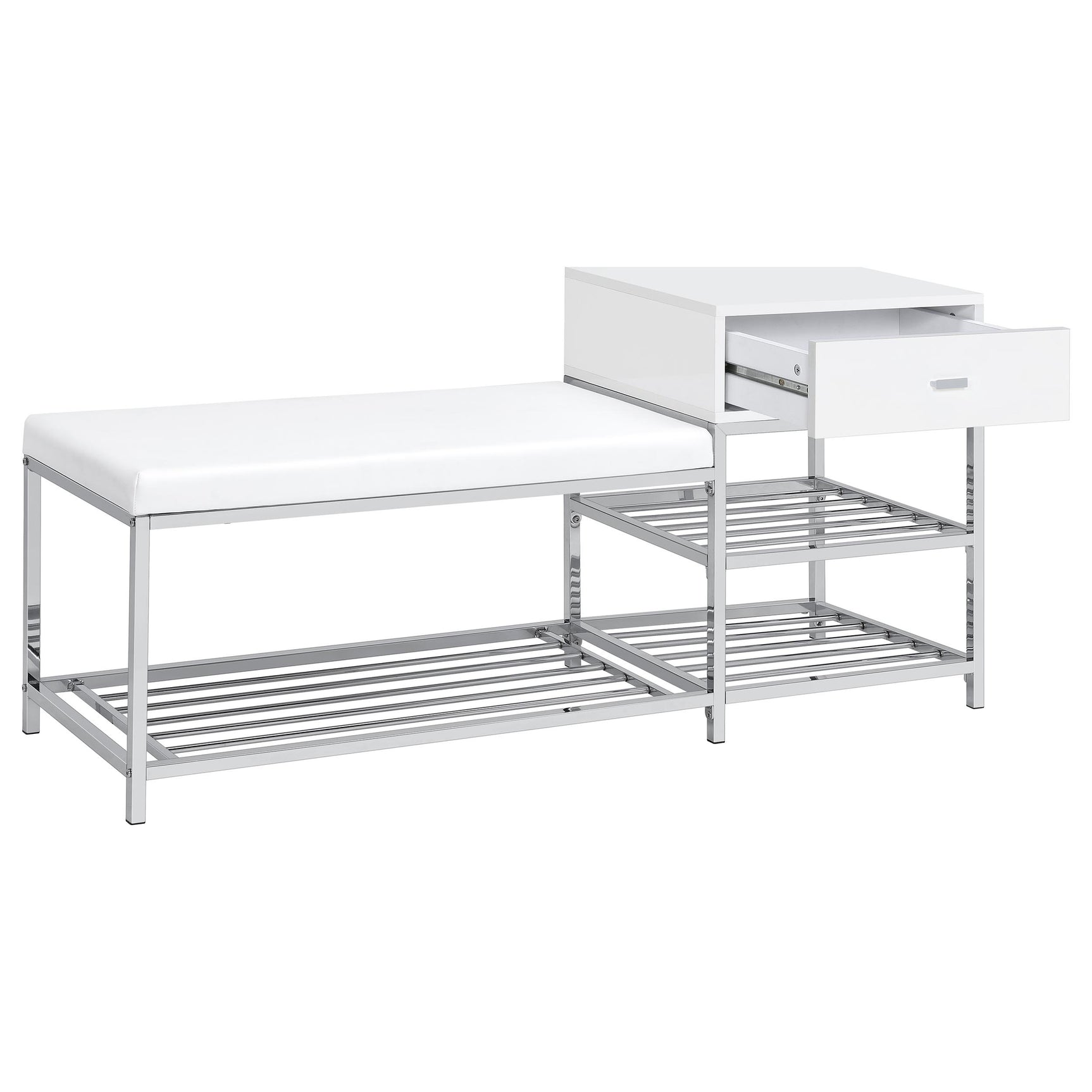 Siega White High Gloss/Chrome 1-Drawer Shoe Storage Entryway Bench - Ornate Home
