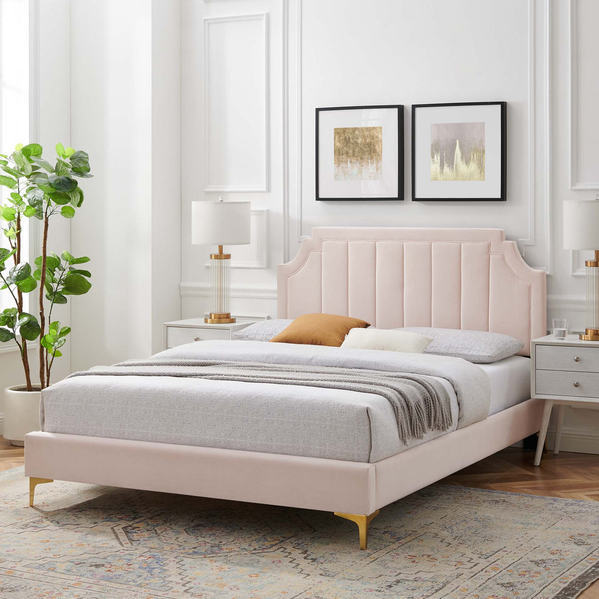 Sienna Pink Performance Velvet Full Platform Bed - 81.5x61.5x49" - Ornate Home