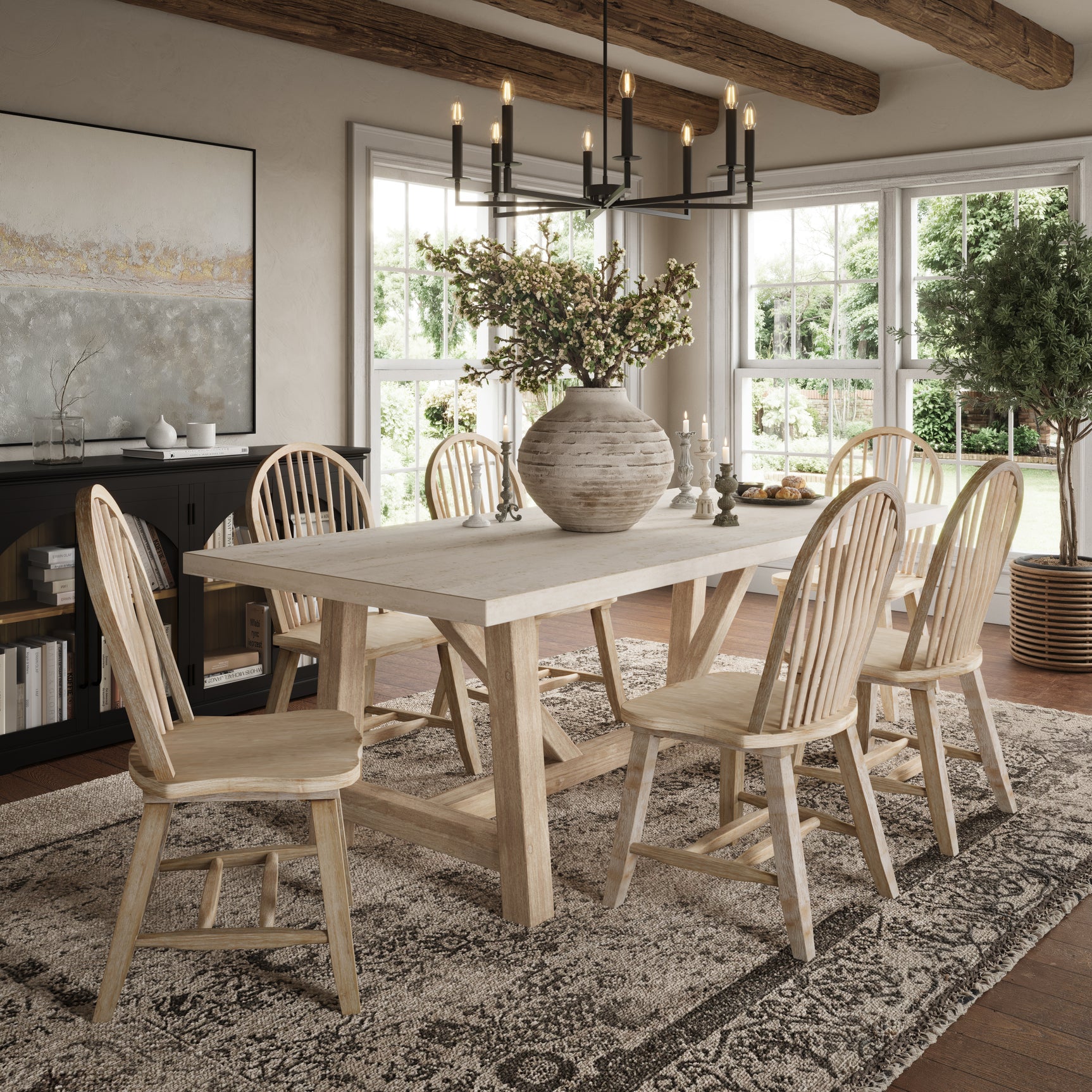 Sierrafina Almond Trestle Dining Table w/ 6 Rung Back Chair - Ornate Home