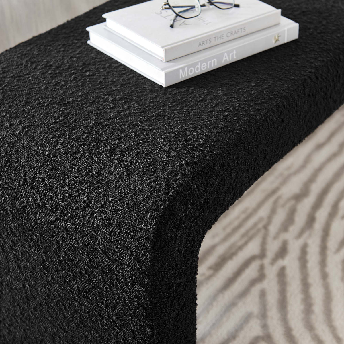 Simba Black Boucle Fabric Waterfall Long Bench - Ornate Home