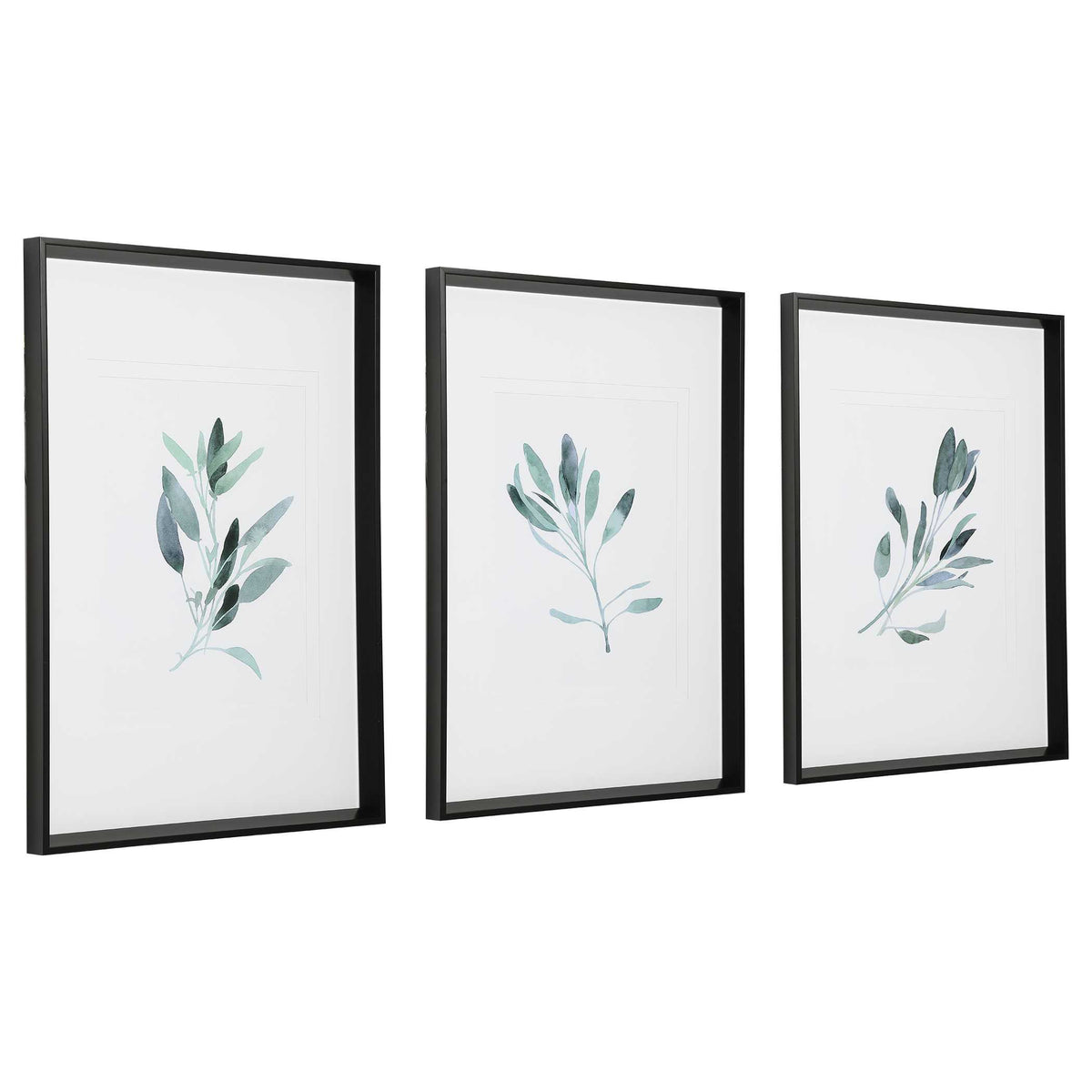 Simple Sage Black/Green/White Watercolor Prints (Set of 3) - Ornate Home