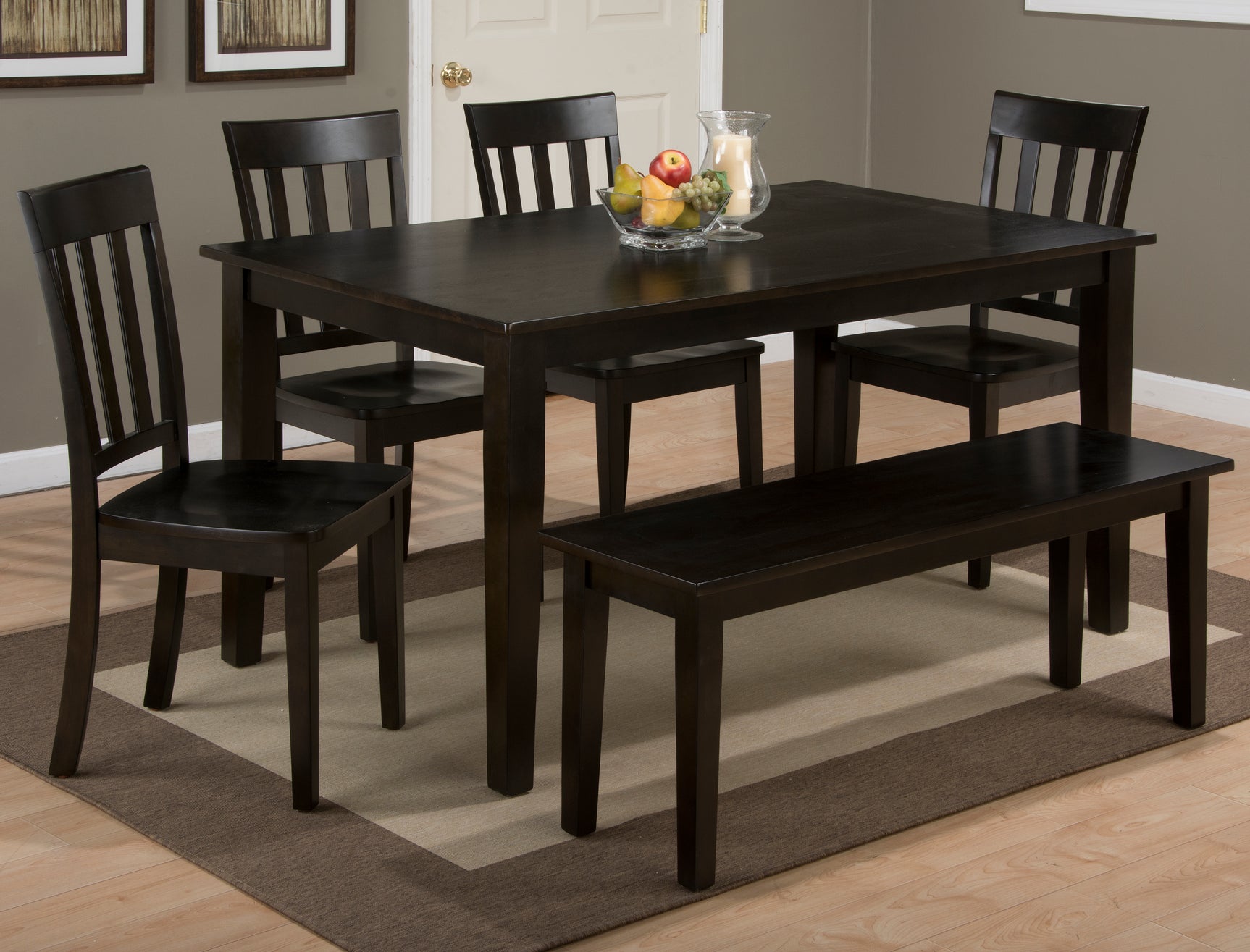 Simplicity Espresso Rect. Dining Table w/ 4 Slatback Chairs, Bench - Ornate Home