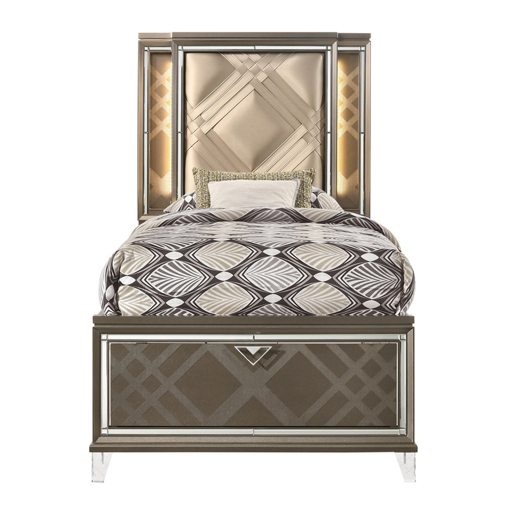 Skylar LED, PU & Dark Champagne Full Bed (Storage & LED) - Ornate Home