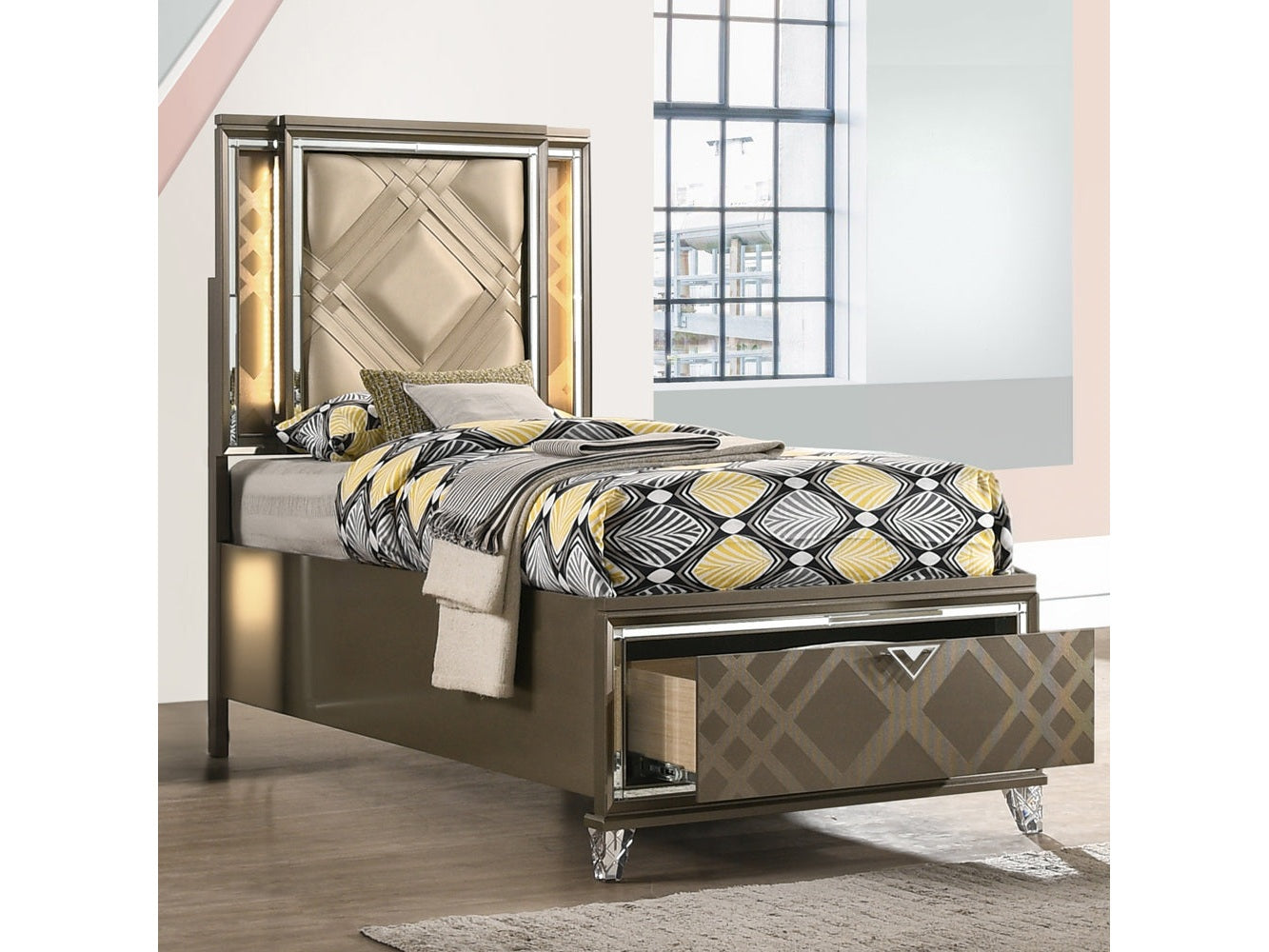 Skylar LED, PU & Dark Champagne Full Bed (Storage & LED) - Ornate Home