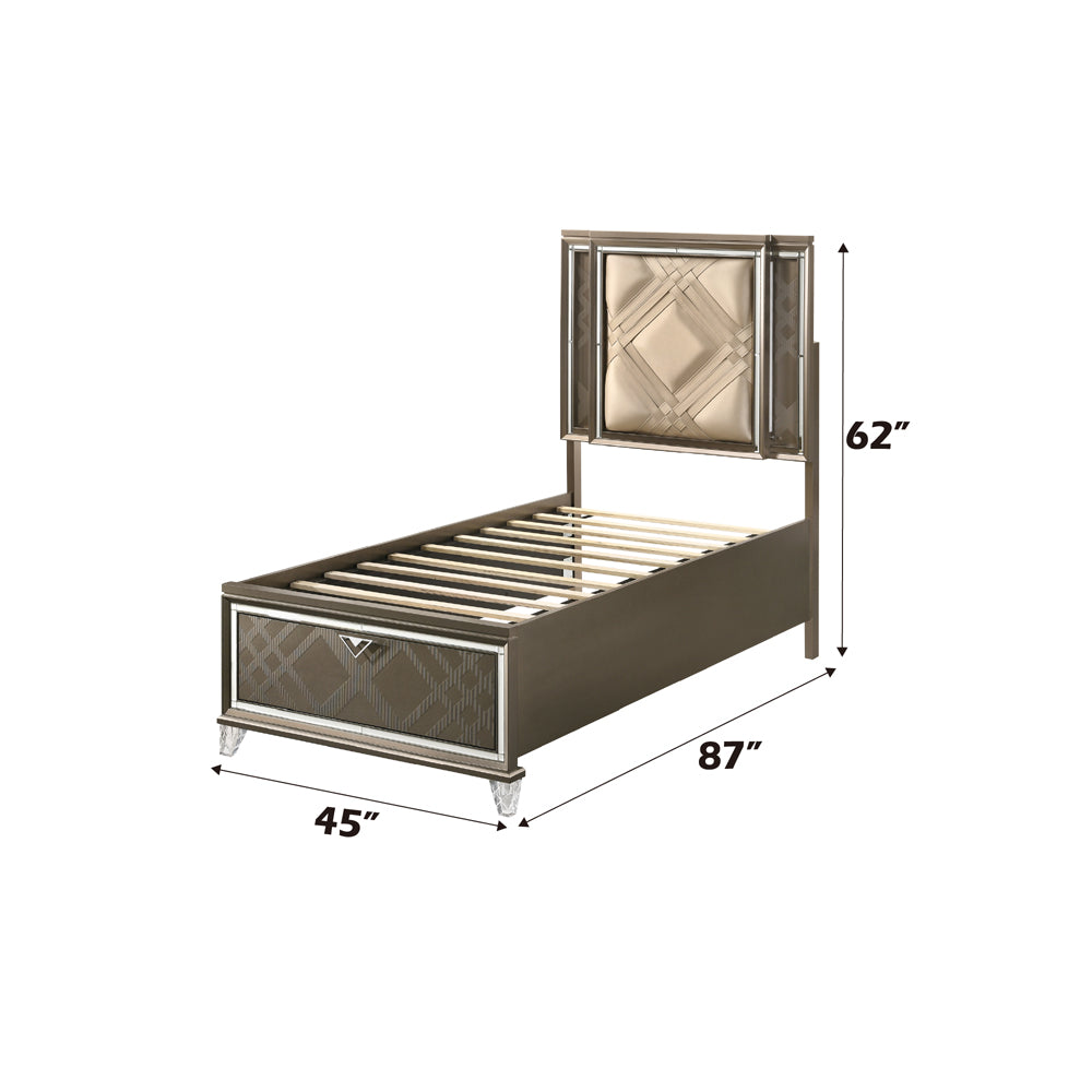 Skylar LED, PU & Dark Champagne Twin Bed (Storage & LED) - Ornate Home