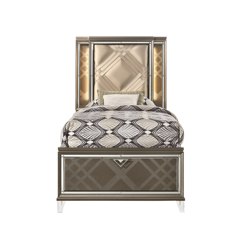 Skylar LED, PU & Dark Champagne Twin Bed (Storage & LED) - Ornate Home