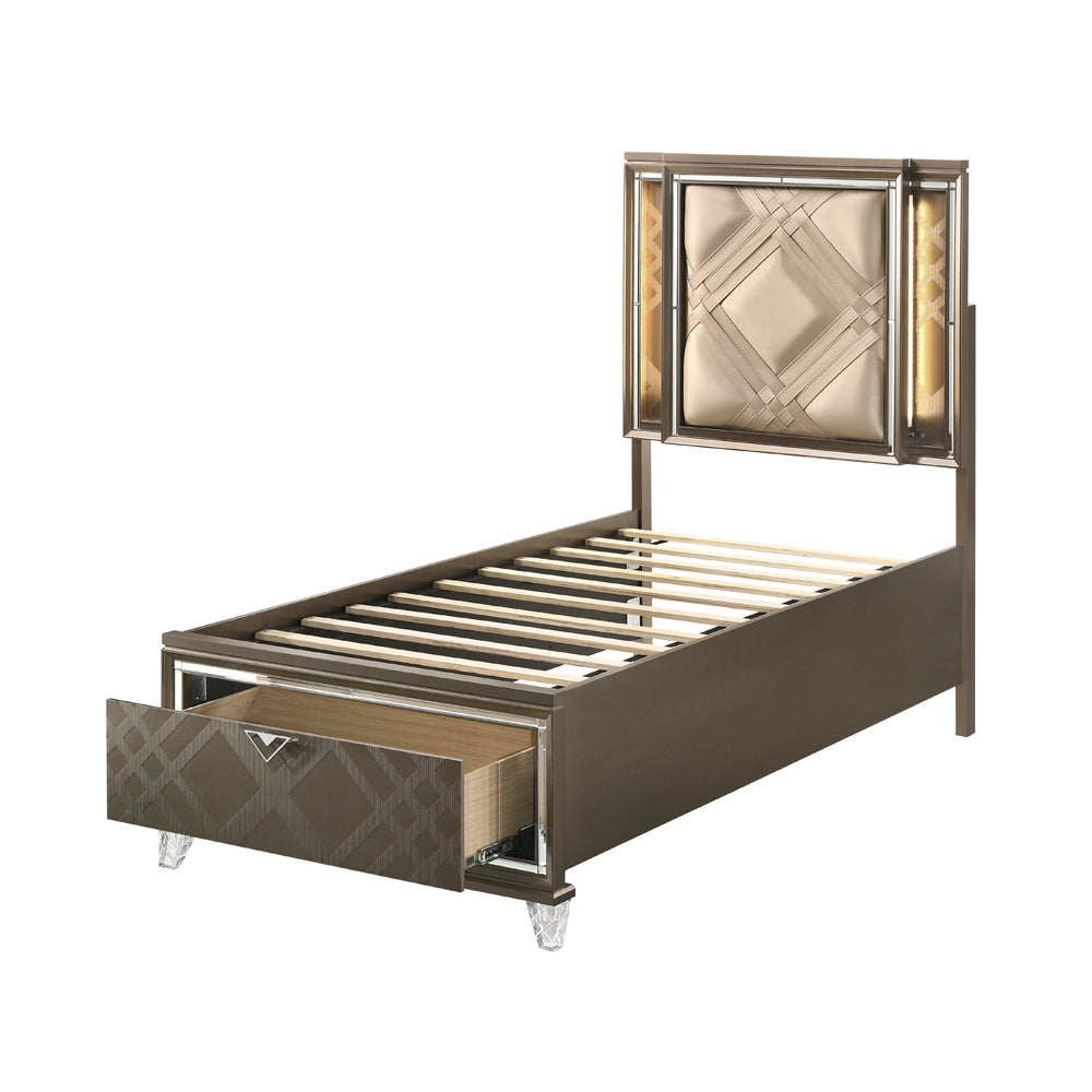Skylar LED, PU & Dark Champagne Twin Bed (Storage & LED) - Ornate Home