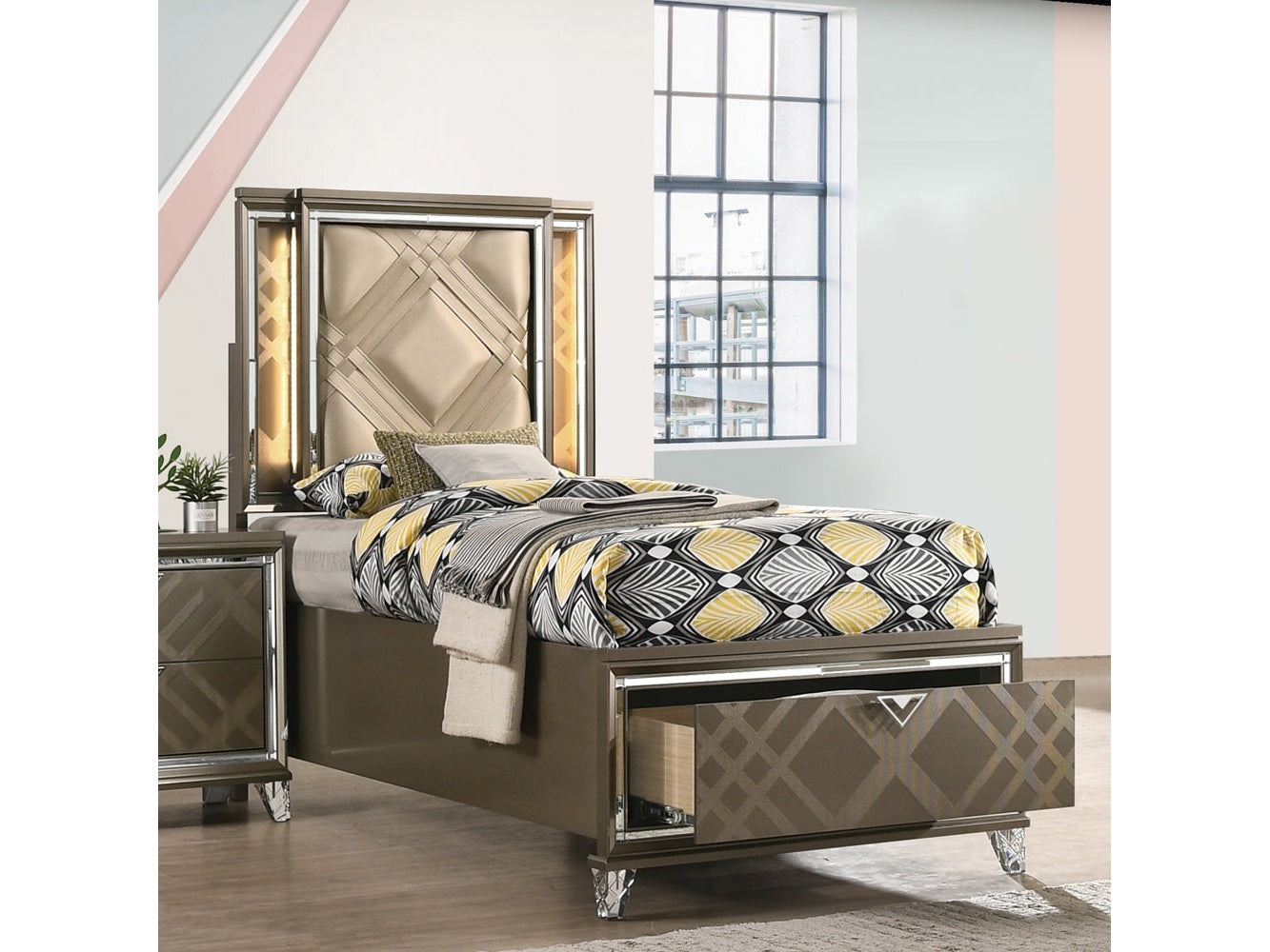 Skylar LED, PU & Dark Champagne Twin Bed (Storage & LED) - Ornate Home
