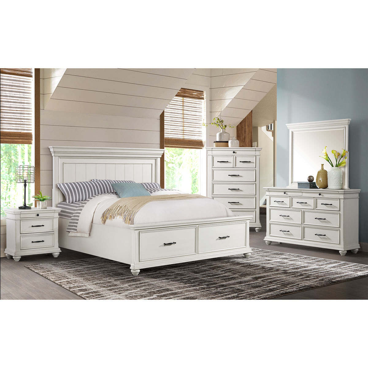 Slater Antique White 5-Piece King Platform Storage Bedroom Set - Ornate Home