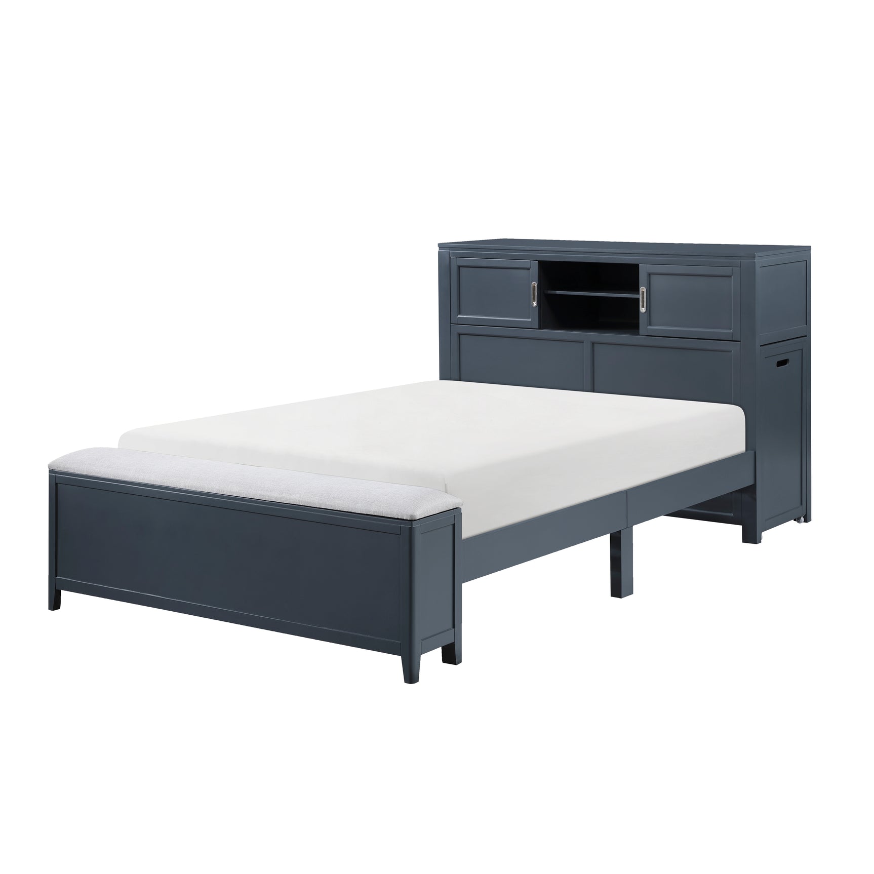 Sloane Navy Blue Full Bookcase Bed with Hidden Desk, Stool and Storage Bench - Ornate Home