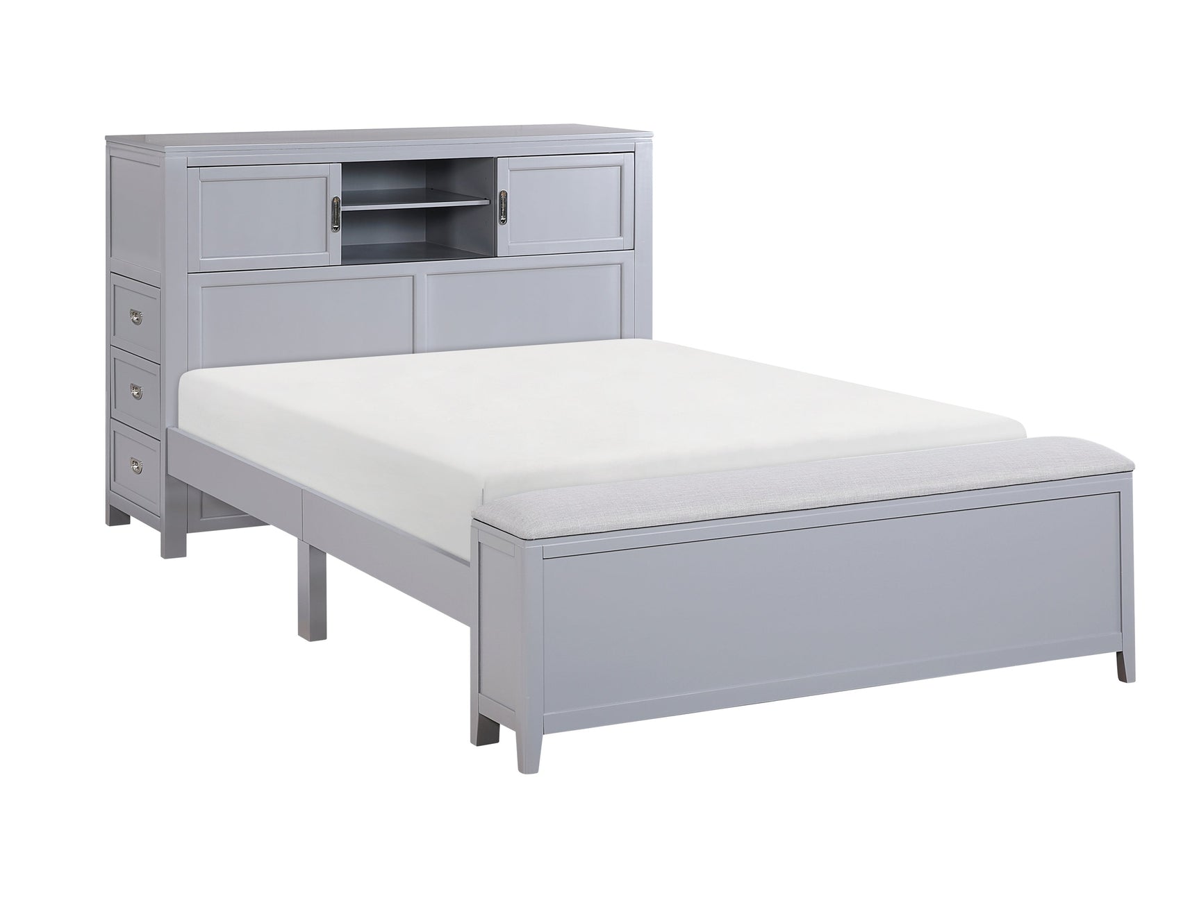 Sloane Smoke Gray Full Bookcase Platform Bed with Hidden Desk & Stool and Storage Bench - Ornate Home