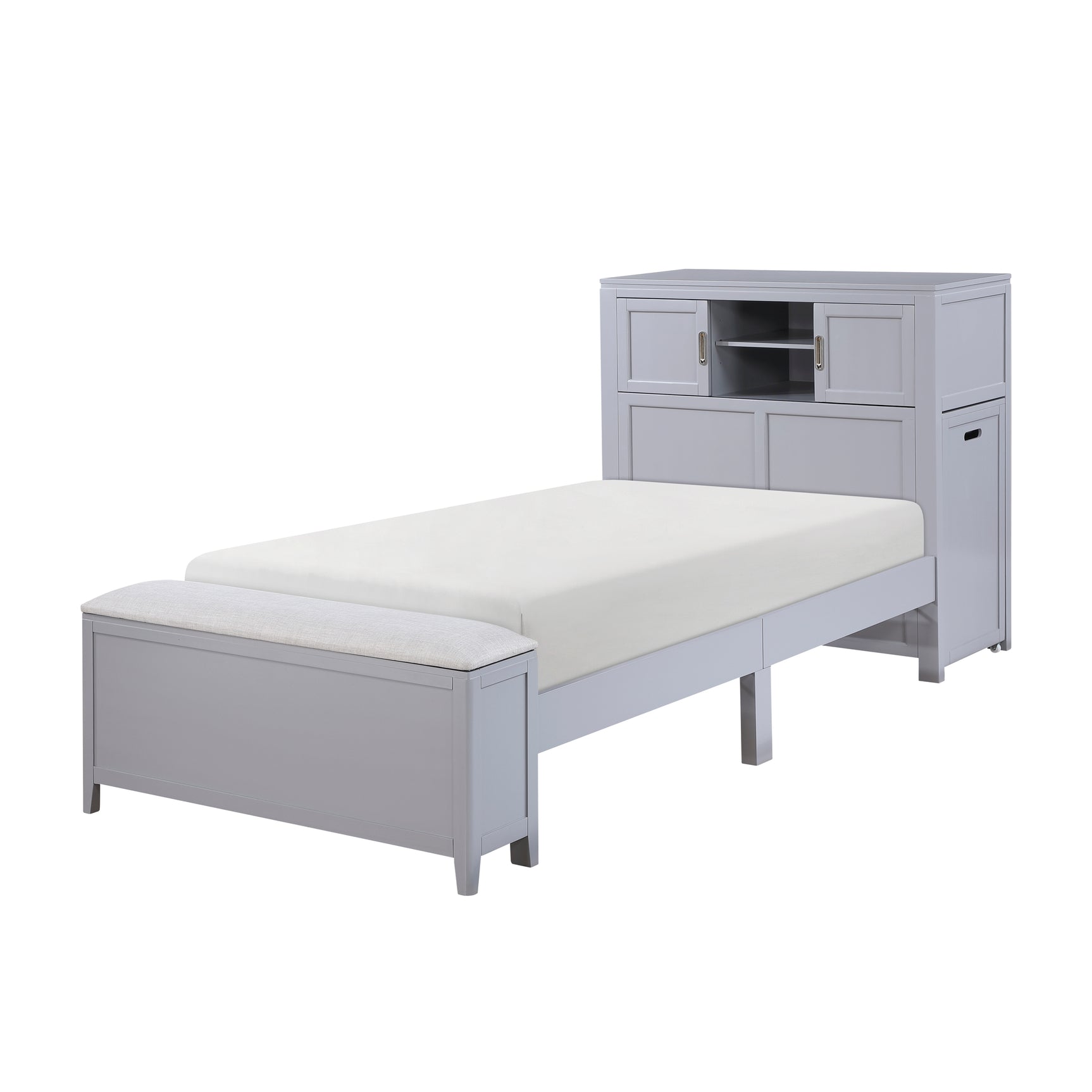 Sloane Smoke Gray Twin Bookcase Platform Bed with Hidden Desk & Stool and Storage Bench - Ornate Home